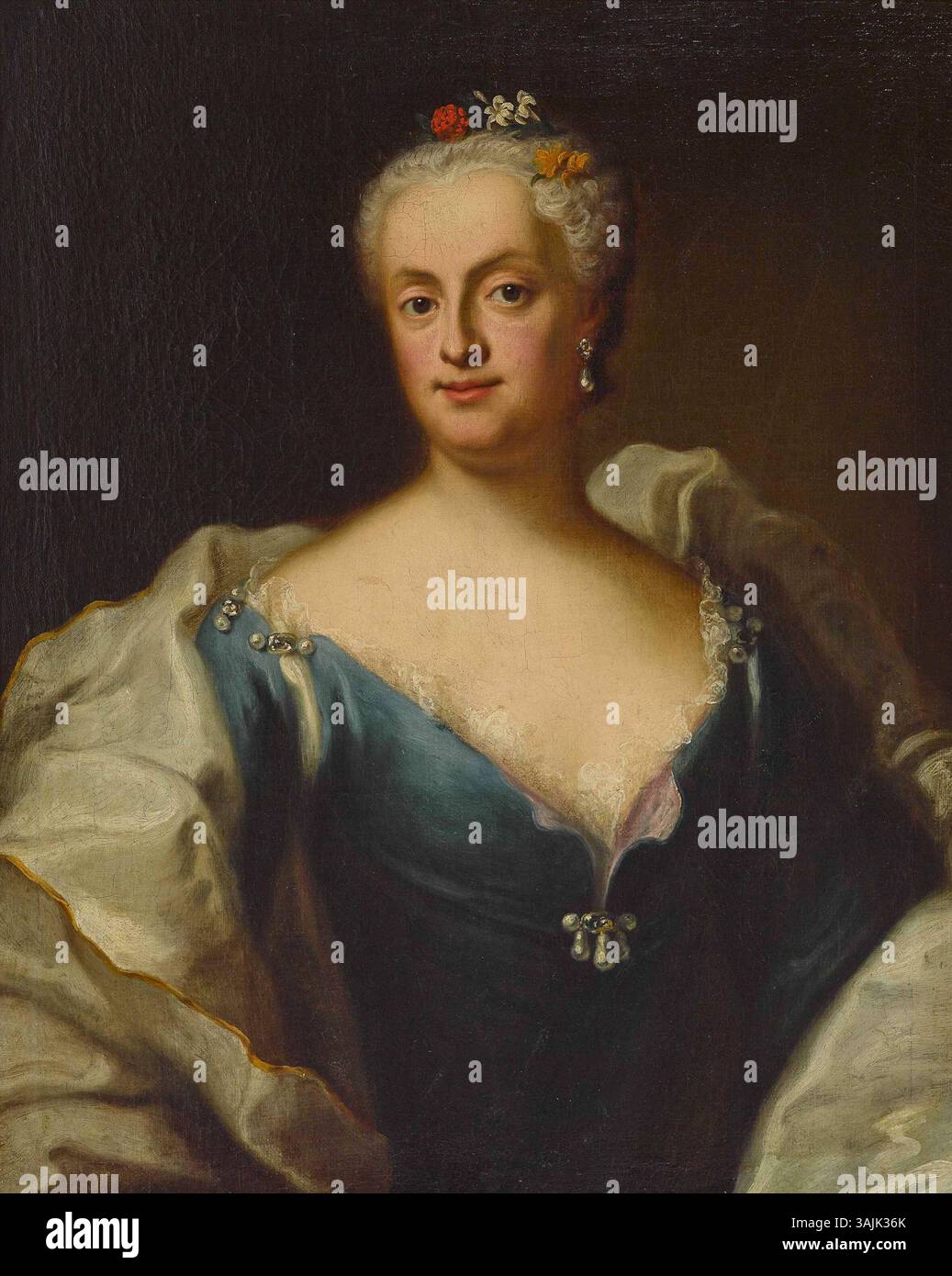 Ce portrait du XVIIIe siècle, attribué à Georg Desmarées, représente Marie Anne Sophie de Saxe. Il met en valeur l'élégance de la famille Wittelsbach, rendu à l'huile sur toile, avec un accent sur les détails aristocratiques et la tenue royale. Banque D'Images
