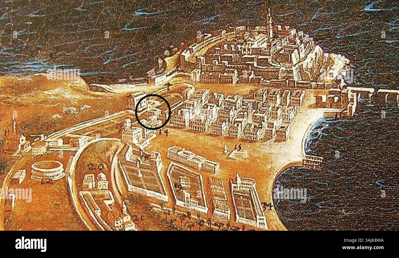 Cette œuvre du XVIIe siècle de Didier Barra et François de Nomé montre une représentation de Pozzuoli, avec un accent particulier sur le Palazzo Manso Capomazza, situé dans la ville côtière. La pièce reflète le style baroque italien et l'architecture locale. Banque D'Images