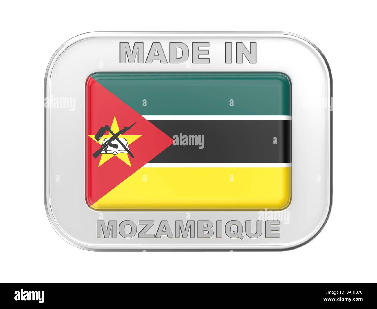 Fabriqué au Mozambique, badge en argent avec le drapeau national du Mozambique Banque D'Images