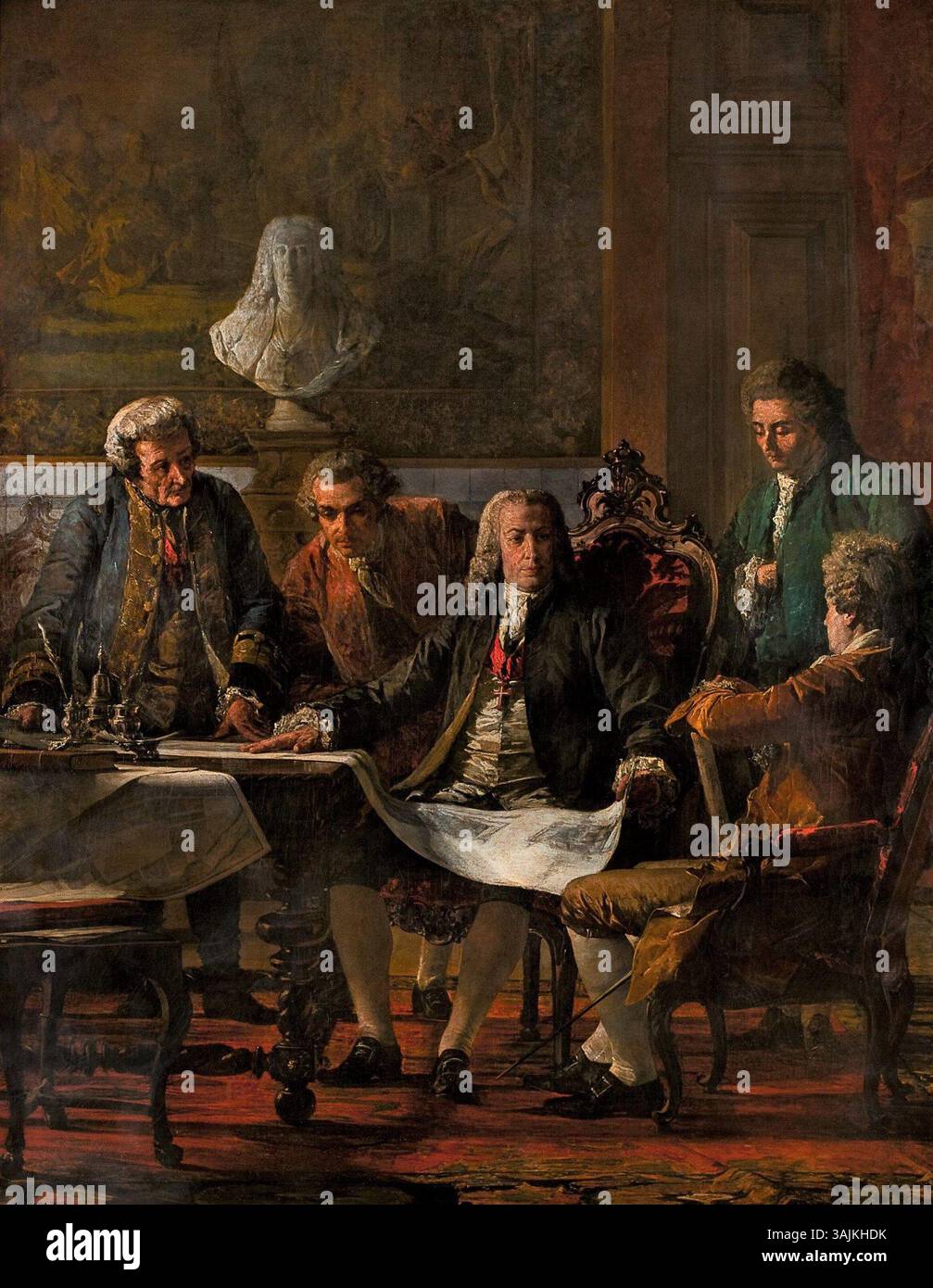 Une peinture de Miguel Ângelo Lupi de 1883 représentant le marquis de Pombal examinant les plans pour la reconstruction de Lisbonne après le tremblement de terre de 1755. Cette œuvre fait partie de la collection du Musée de Lisbonne. Banque D'Images