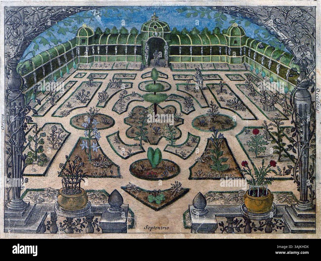 Le frontispice de 'Hortus floridus' de Crispijn van de passe le jeune, datant de 1614/1616, illustre une scène printanière vibrante avec de riches illustrations botaniques, caractéristiques de l'art floral hollandais à la Renaissance. Banque D'Images