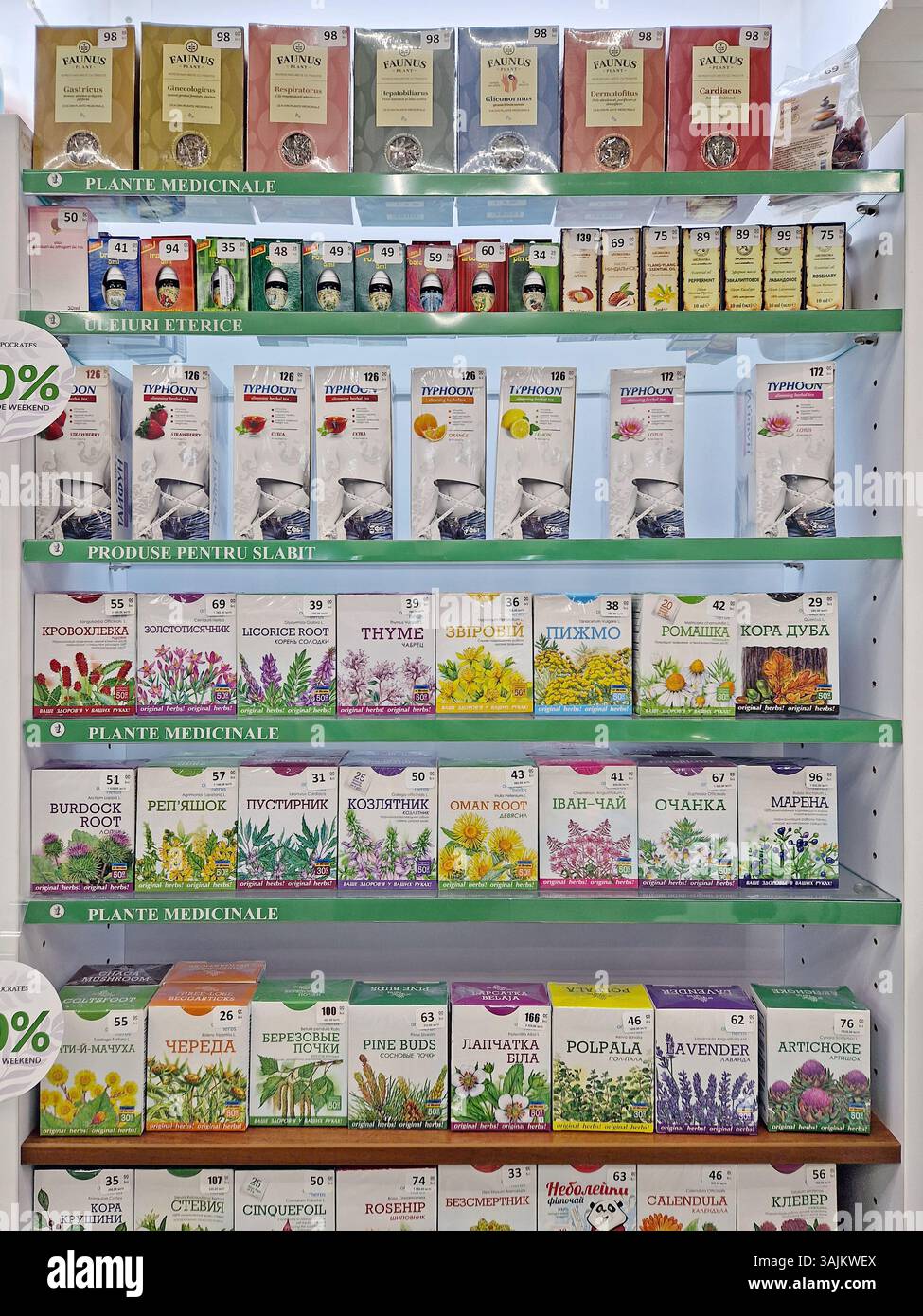 UNGHENI, MOLDAVIE - 05 mars 2024 pharmacie approvisionné les étagères avec des produits de phytothérapie. Médicaments dérivés de plantes pour traiter ou prévenir la santé condit - Image de stock capturée avec un smartphone