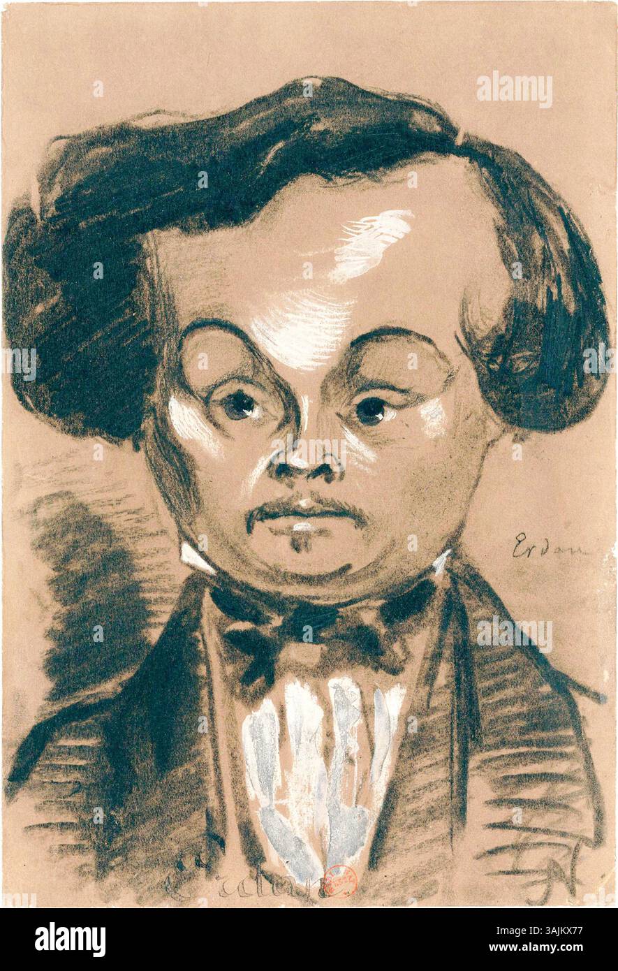 Caricature d’Alexandre Erdan, journaliste et écrivain français, dessinée par Nadar entre 1849 et 1859. L'image a été créée à l'aide de charbon de bois et rehaussée de gouache sur papier brun. Banque D'Images