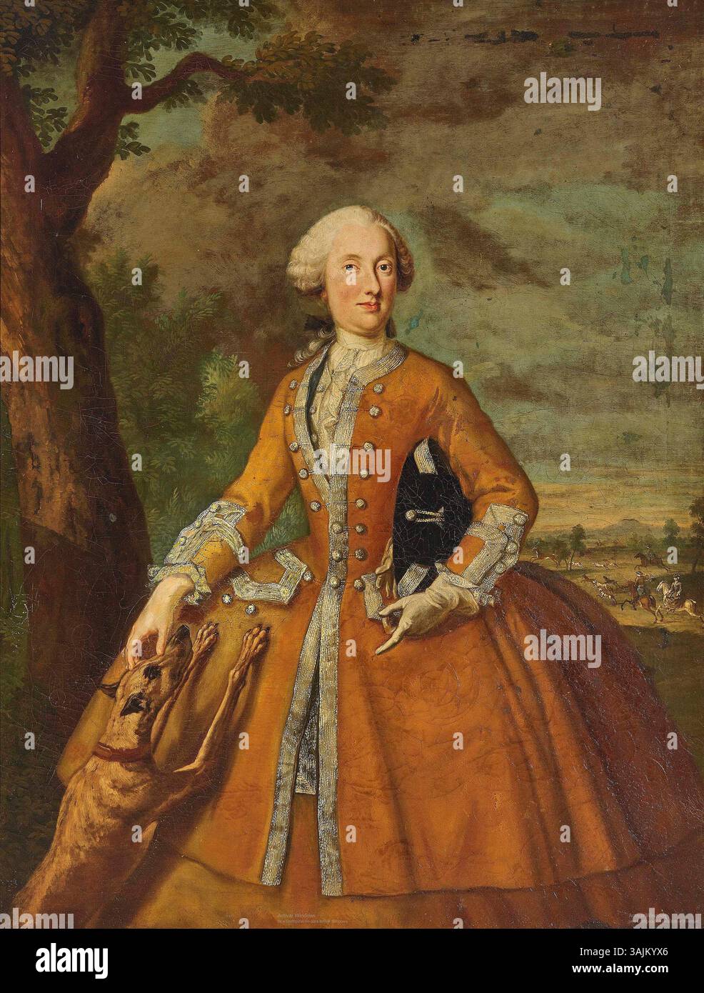 Cette peinture du XVIIIe siècle de George Desmarées montre une dame princière comme chasseur, peut-être Marie Anne Sophie de Saxe ou Marie-Thérèse de Seinsheim, représentée avec un chien de chasse. Banque D'Images