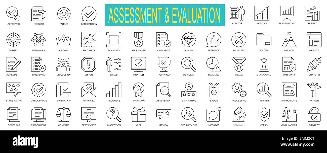 Pack d'icônes d'évaluation et d'évaluation – analyse de l'activité, des performances et de la qualité. Illustration vectorielle pour l'interface utilisateur, le Web et l'impression. Illustration de Vecteur