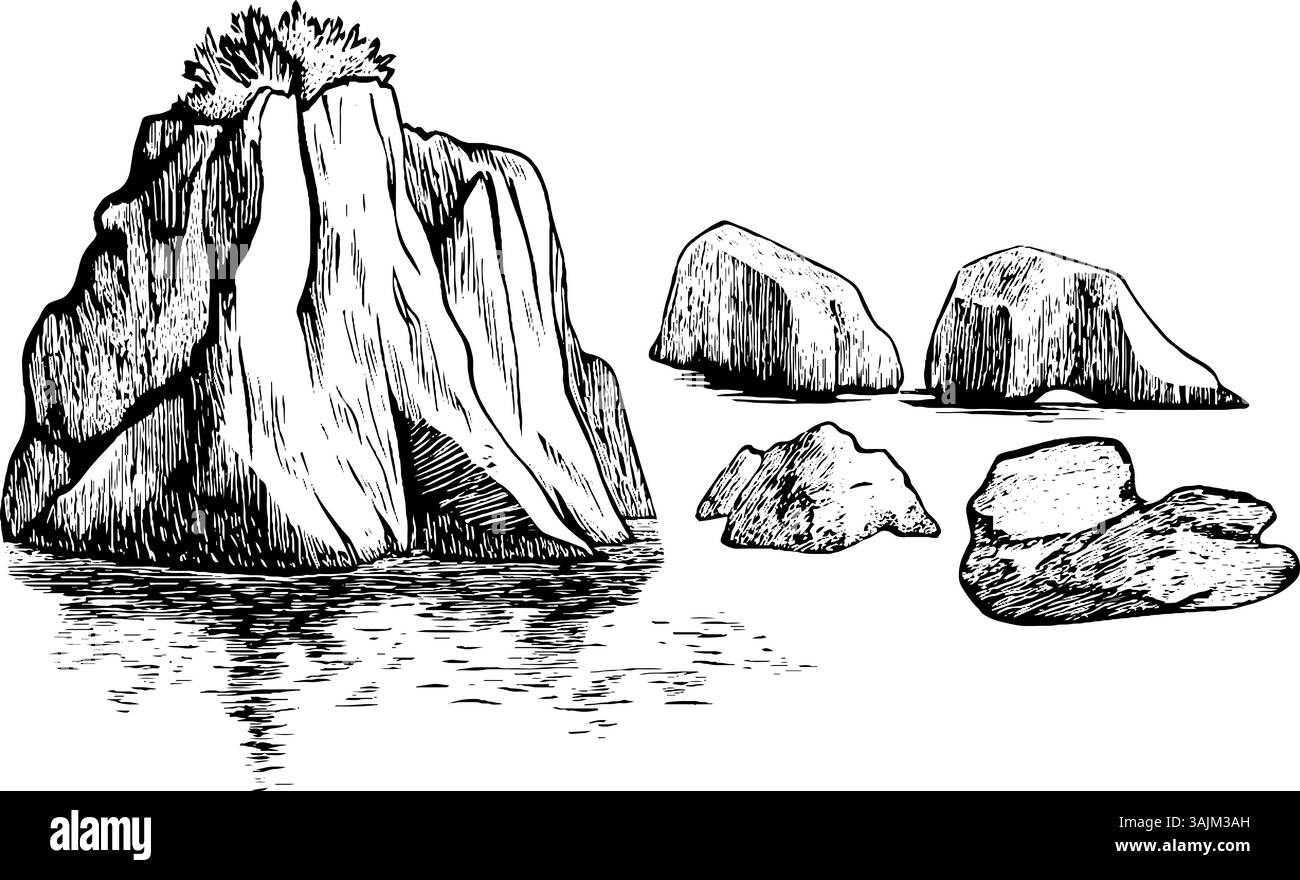 Une illustration détaillée de divers rochers et rochers, certains avec de la végétation sur le dessus, posés contre une surface d'eau calme. Le style ressemble à un croquis, mettant l'accent sur la texture et la forme. Illustration de Vecteur