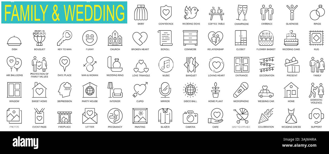 Ensemble d'icônes Web de famille et de mariage dans la conception de contour. Pack de relation, triangle d'amour, banquet, église, bouquet de fleurs, soins, soutien, photos, ot Illustration de Vecteur