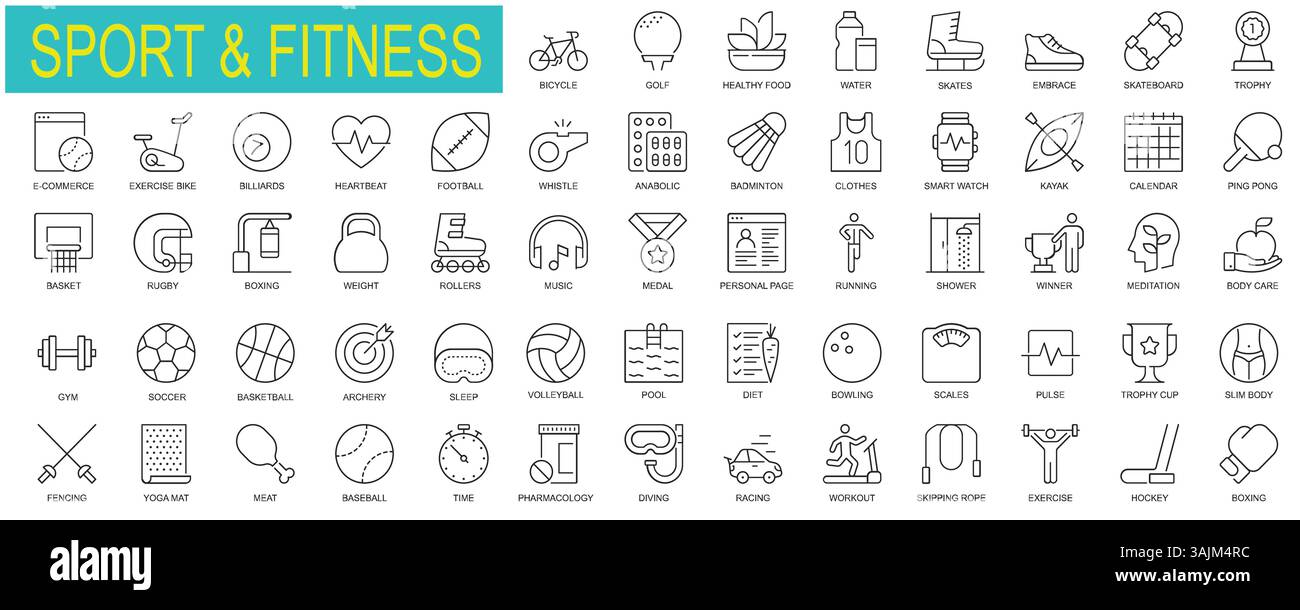 Ensemble de collection d'icônes de ligne Sport et fitness. GYM, régime, icônes sportives. Jeu d'icônes d'interface utilisateur. Pack d'icônes à contour fin. Illustration vectorielle. Illustration de Vecteur