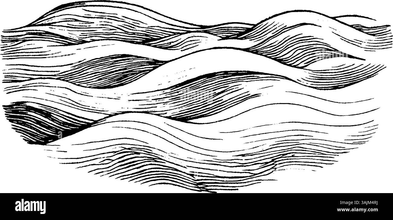 Une illustration stylisée de vagues, avec des lignes fluides qui créent une sensation de mouvement et de profondeur. Le design est monochromatique, soulignant les courbes et les formes des vagues. Illustration de Vecteur