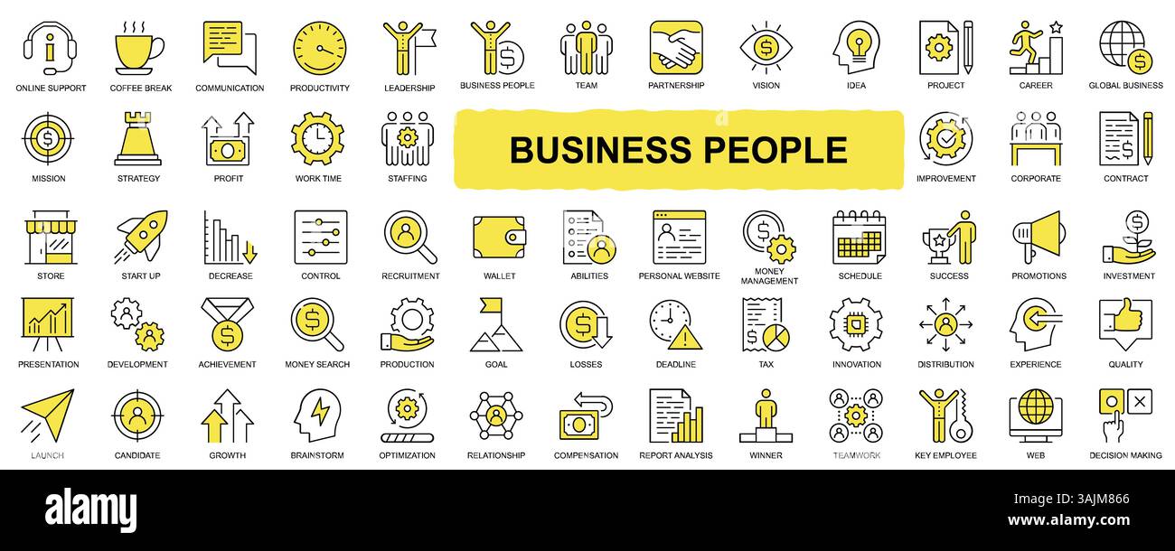 Thin Line Business Essentials, communication et icônes Office définies pour les sites Web et les applications mobiles. Inclut des icônes telles que graphique et récompenses. 48x48 pixels Illustration de Vecteur