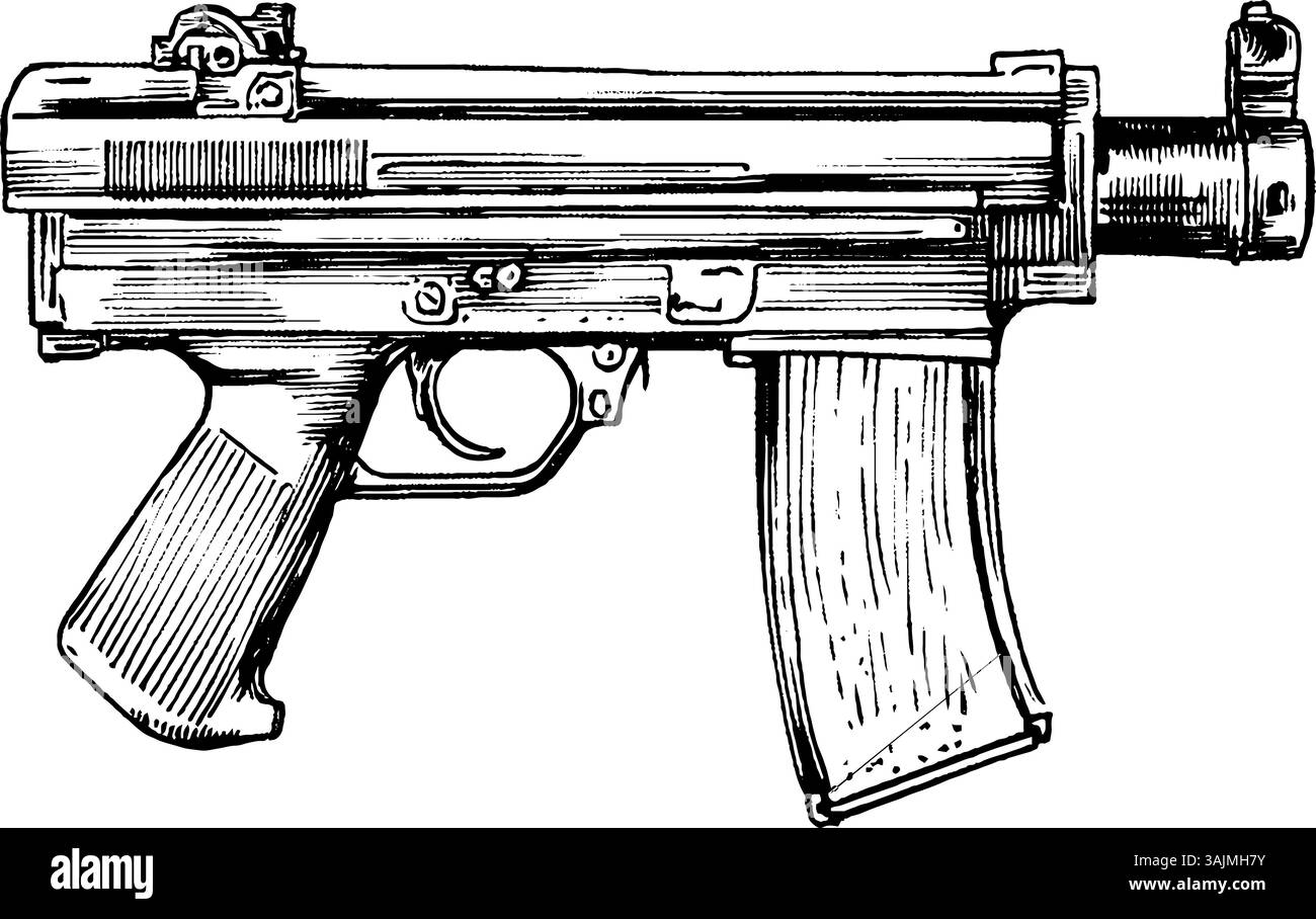 Une illustration détaillée d'une mitrailleuse, présentant sa conception et ses caractéristiques. Le pistolet a un corps élégant, un chargeur, et une poignée, mettant l'accent sur ses composants mécaniques. Illustration de Vecteur
