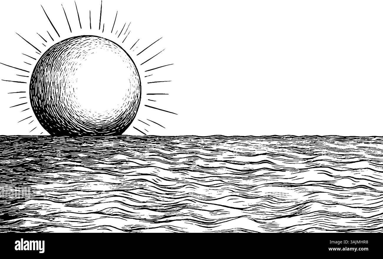 Une illustration artistique d'un grand coucher de soleil sur l'océan, avec des rayons émanant du soleil et des lignes ondulées représentant l'eau. Illustration de Vecteur