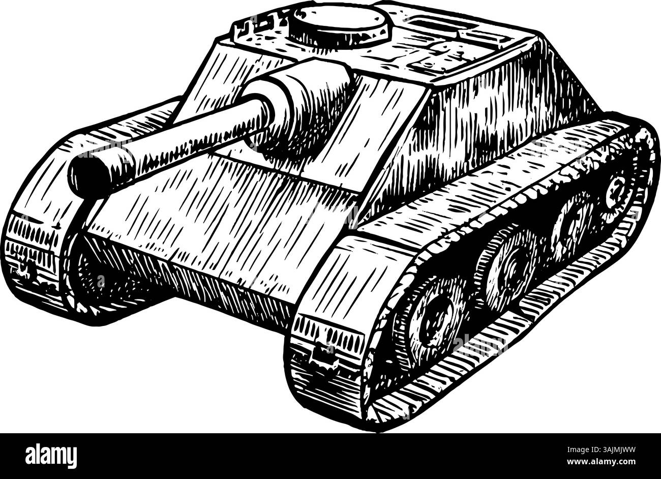 Illustration d'un char, mettant en valeur son corps blindé, sa tourelle et ses pistes. La conception est détaillée avec des ombres et de la texture, soulignant ses caractéristiques militaires. Illustration de Vecteur