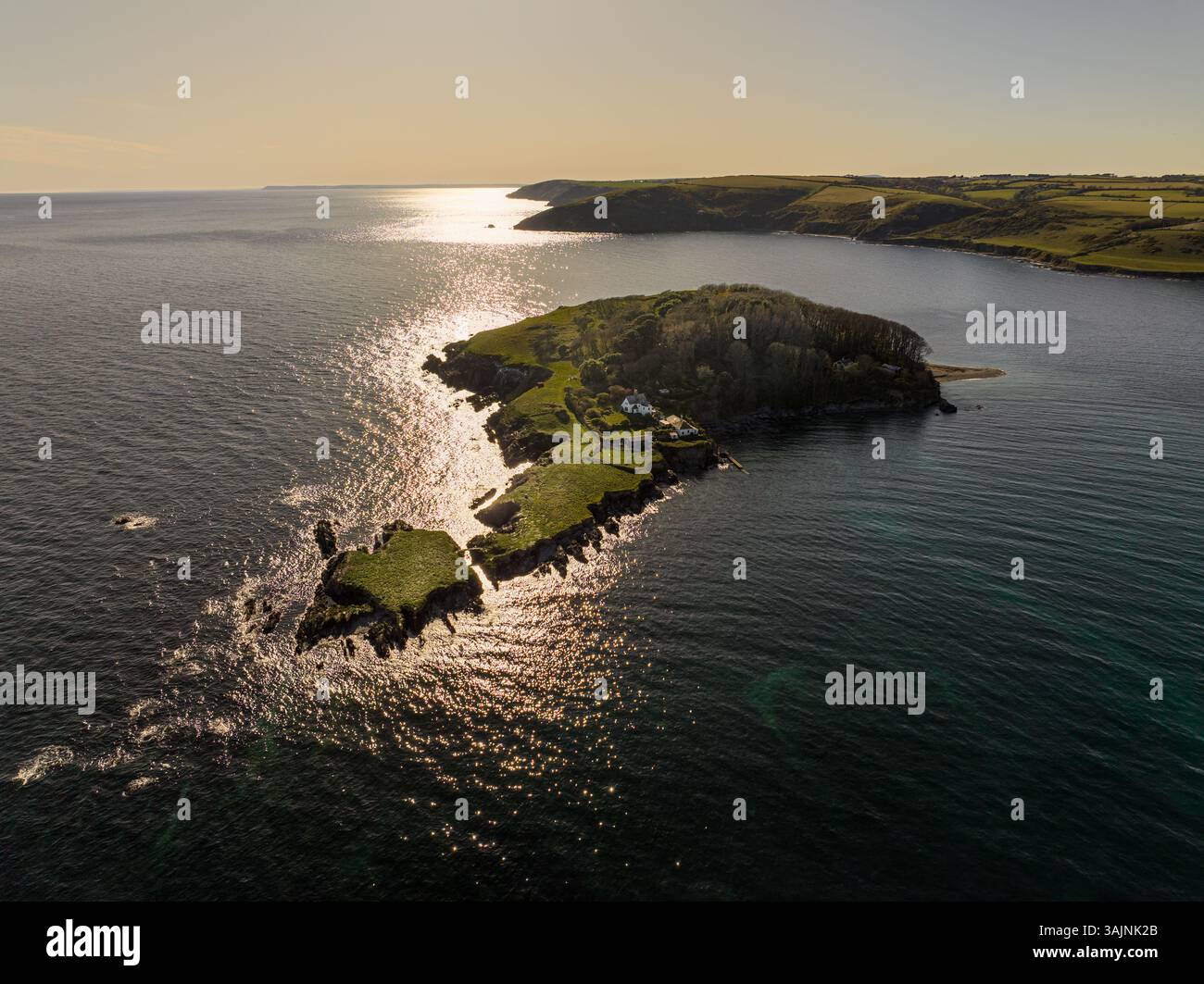 Réserve naturelle de Looe Island, également connue sous le nom de St George's Island, vue aérienne, juste à côté de la ville continentale de Looe au large de Cornwall, en Angleterre. Banque D'Images