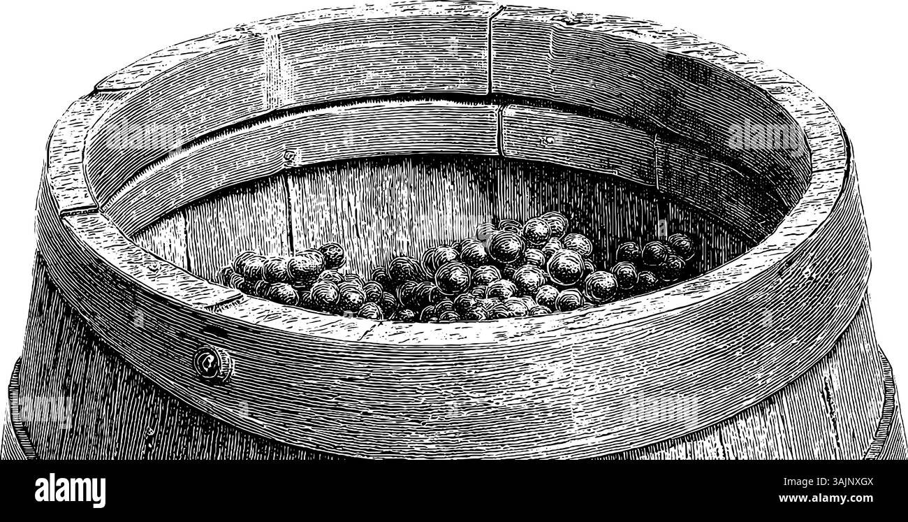 Fût en bois vintage avec raisins - gravure noire et blanche détaillée. Illustration de Vecteur