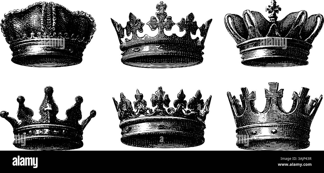 Illustrations vintage en noir et blanc de couronnes royales. Illustration de Vecteur