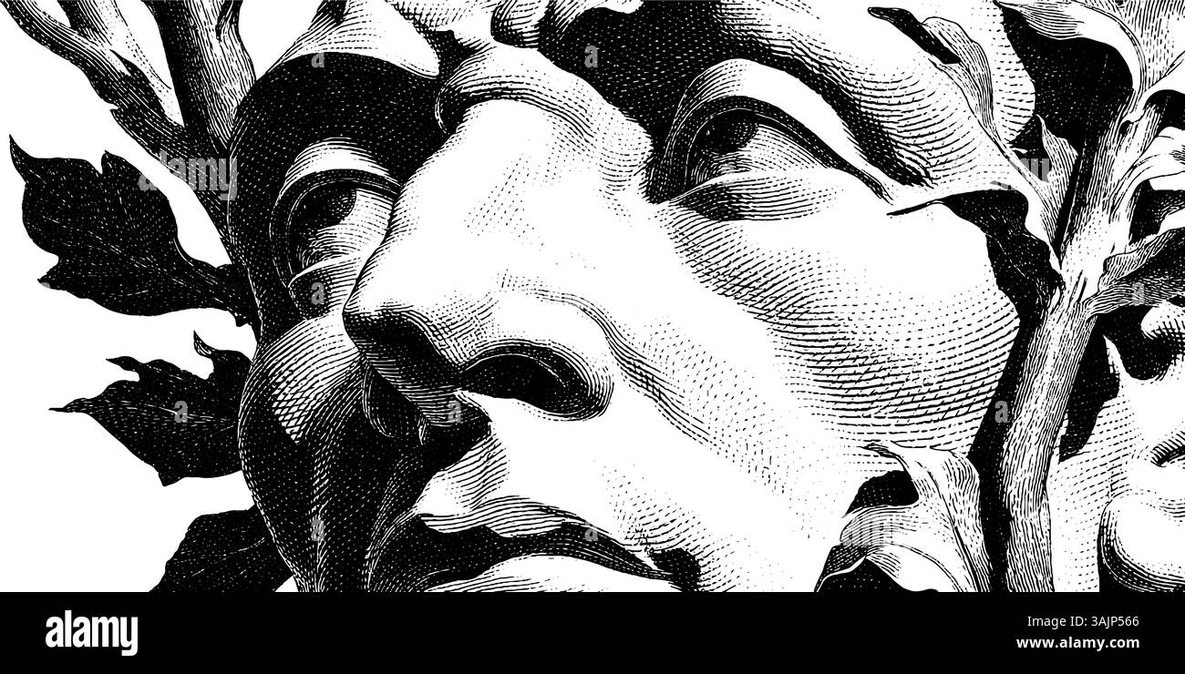 Face gravée avec branches d'arbre noir et blanc Illustration de Vecteur