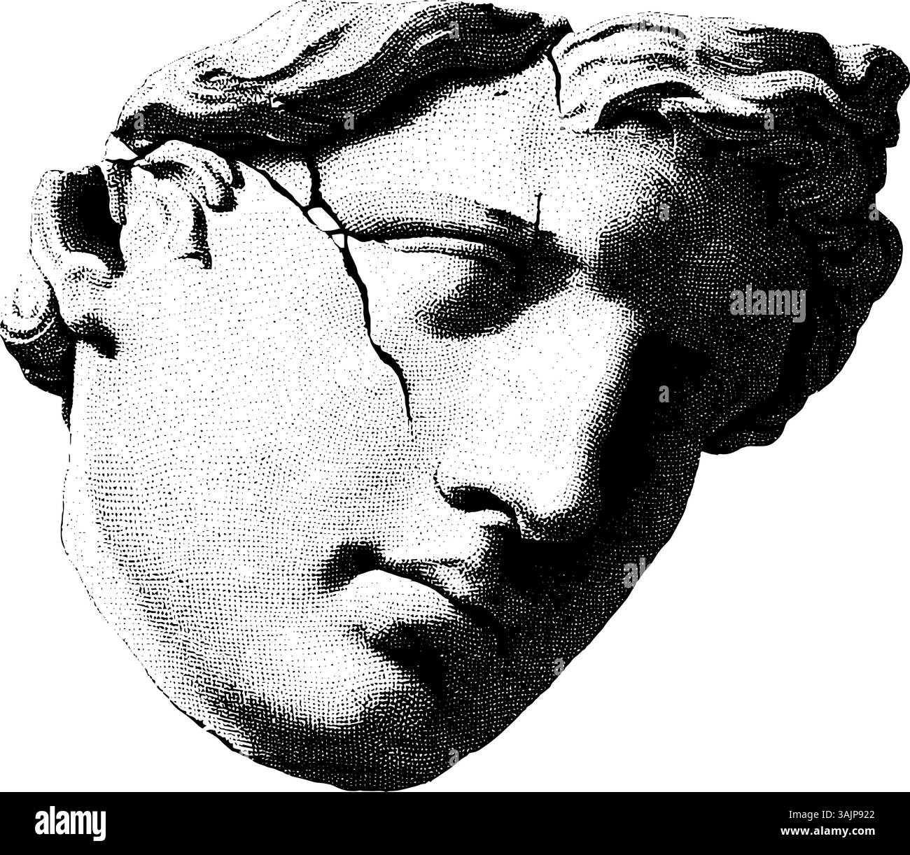 Buste de tête en marbre effrayant avec fissures visibles en monochrome. Illustration de Vecteur