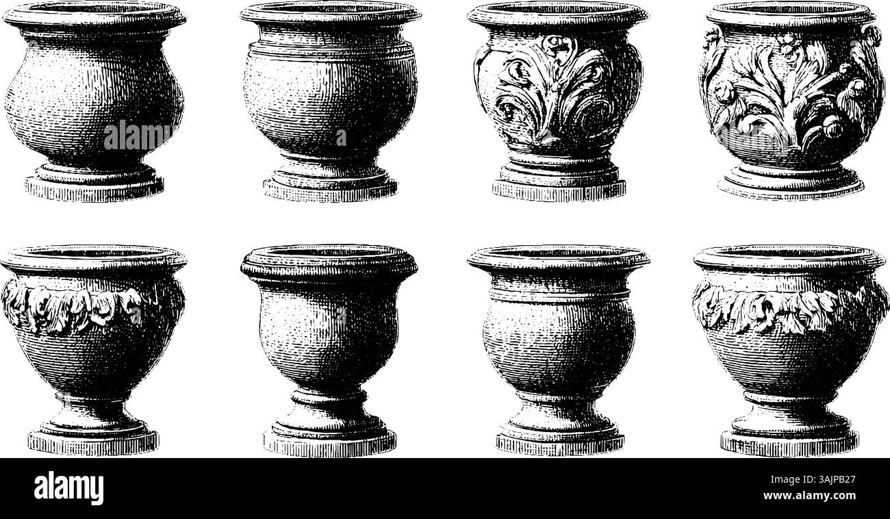 Collection antique de vases en pierre gravée avec des motifs floraux complexes. Illustration de Vecteur Collection antique de vases en pierre gravée avec des motifs floraux complexes. Illustration de Vecteur