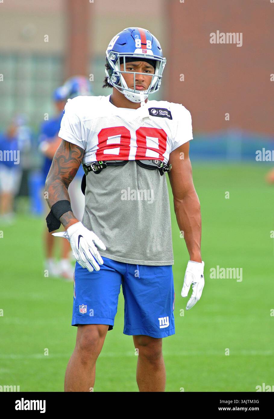 14 août 2017 - 15 août 2017 : fin du collant des Giants de New York Evan Engram (88) pendant le camp d'entraînement au Quest diagnostic Training Center, East Rutherford, NJ (image crédit : © Bennett Cohen via ZUMA Wire) Banque D'Images