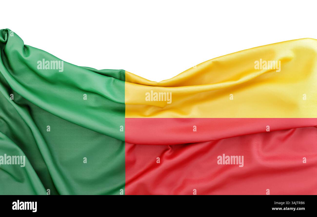 Drapeau du Bénin isolé sur fond blanc avec espace de copie au-dessus. Rendu 3D. Banque D'Images