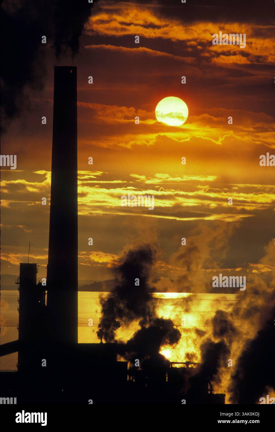 01 juil. 1987 - Powell River, BC, Canada - PHOTO : une papeterie située sur les rives de la rivière Powell en Colombie-Britannique. PLUS D'INFO : Powell River, Colombie-Britannique est une ville sur la côte sud de la Colombie-Britannique, Canada. La plupart de la population vit près de la rive est du détroit de Malaspina, cette partie du plus grand détroit de Géorgie entre l'île Texada et le continent. Cette région est parfois appelée la haute Sunshine Coast. (Crédit image : © Gary Braasch/ZUMA Press) Banque D'Images