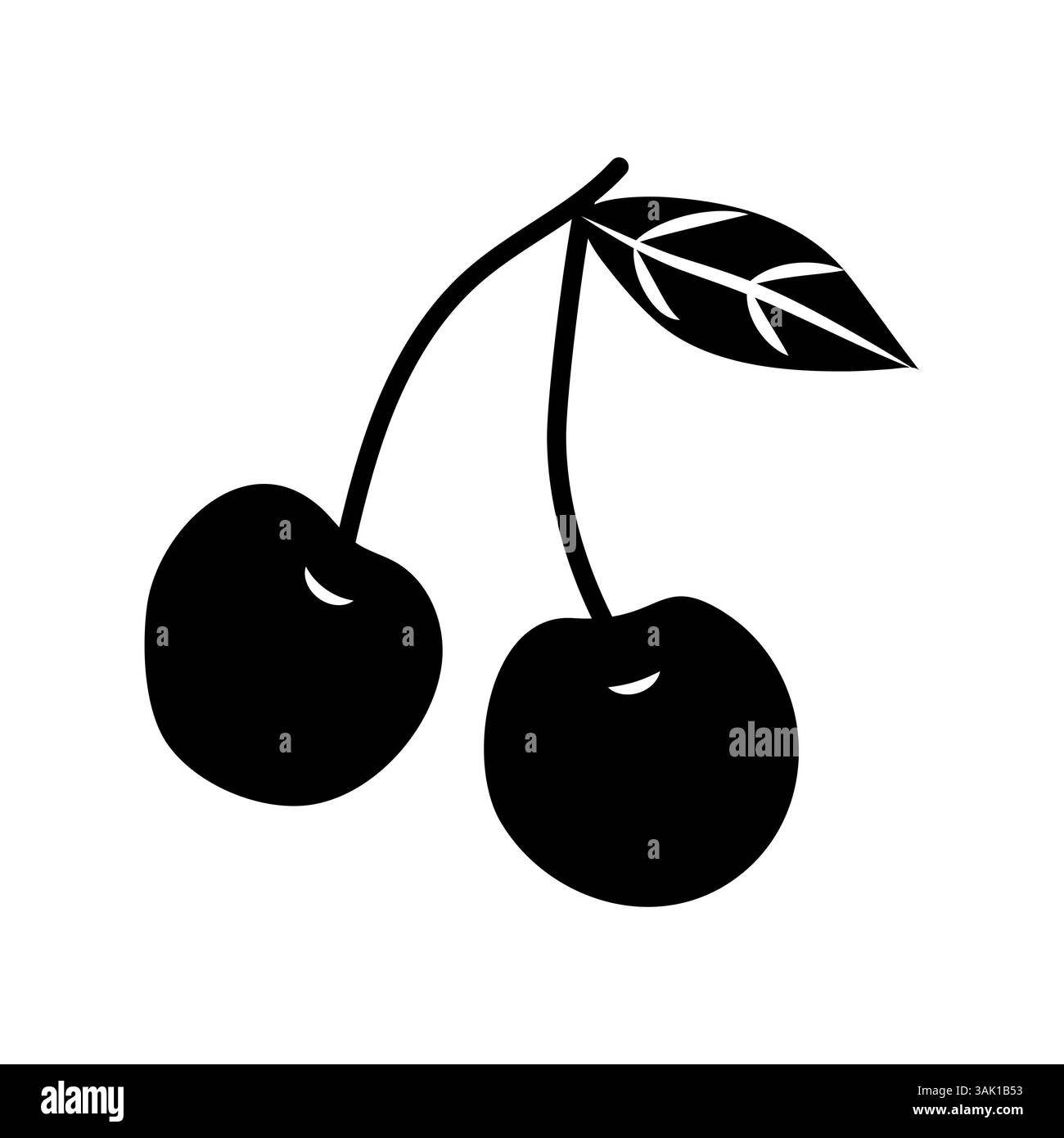 Silhouette noire de deux cerises avec une feuille sur fond blanc Illustration de Vecteur