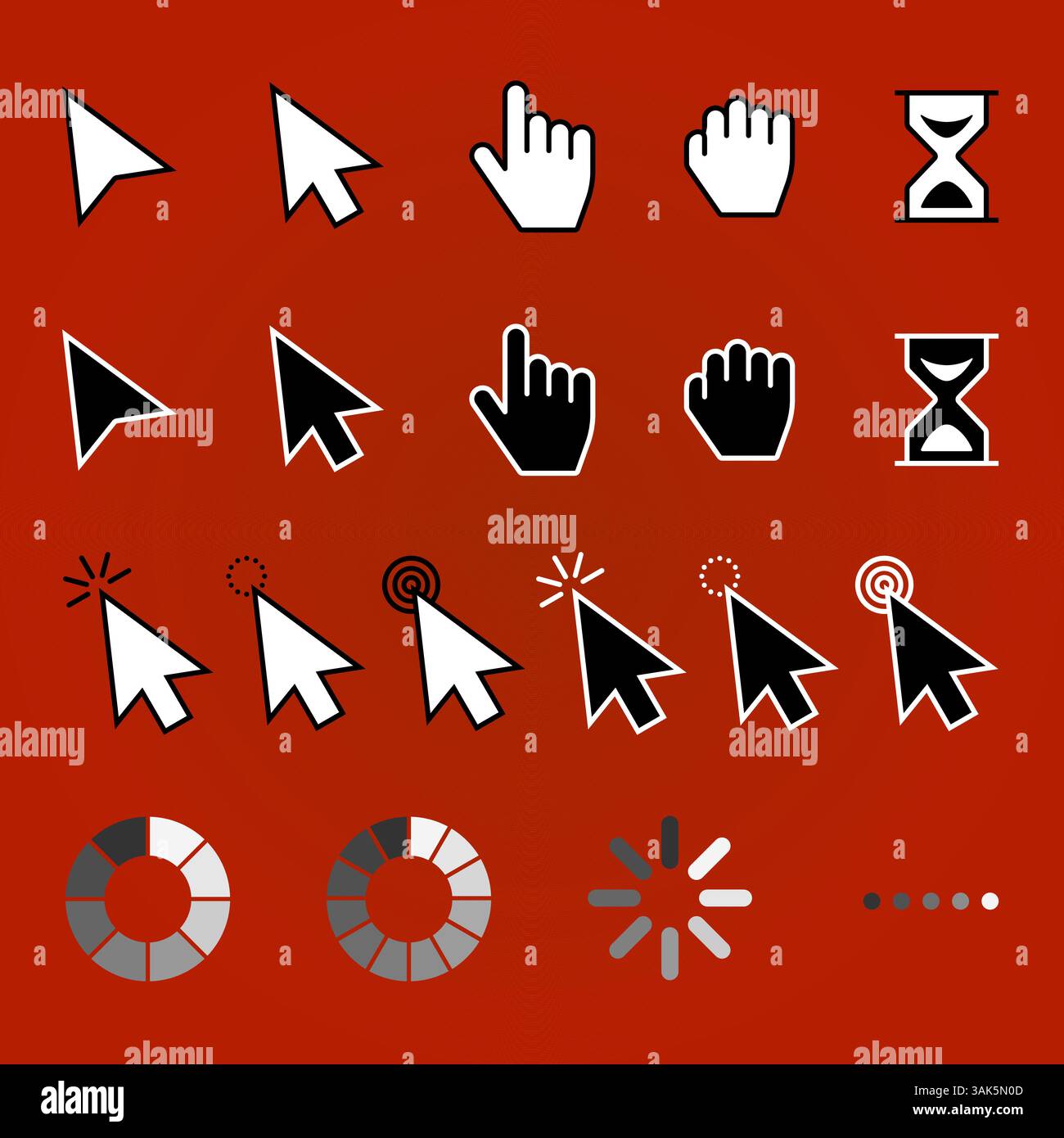 Flèches Web curseurs, clic de souris et saisir l'icône de pixel de main Illustration de Vecteur