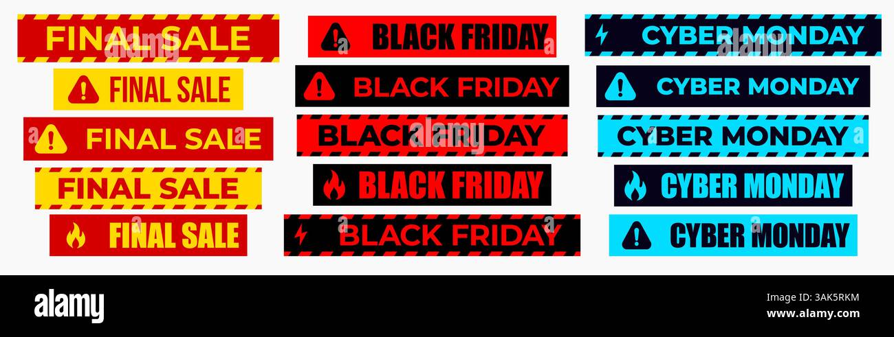 Vente finale, Black Friday et Cyber Monday étiquettes dans le style d'avertissement pour la promotion, le marketing, la publicité, le rabais, le commerce électronique, offre spéciale, Shopping Illustration de Vecteur