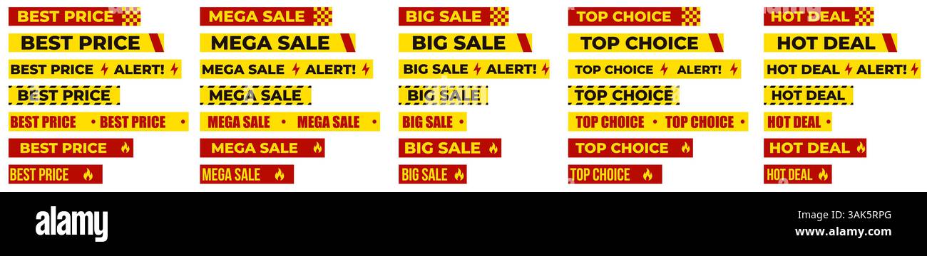 Meilleur prix, Mega Sale, Big Sale, Top Choice et Hot Deal étiquettes dans le style d'avertissement rouge et jaune pour la promotion, le marketing, la publicité, le rabais Illustration de Vecteur