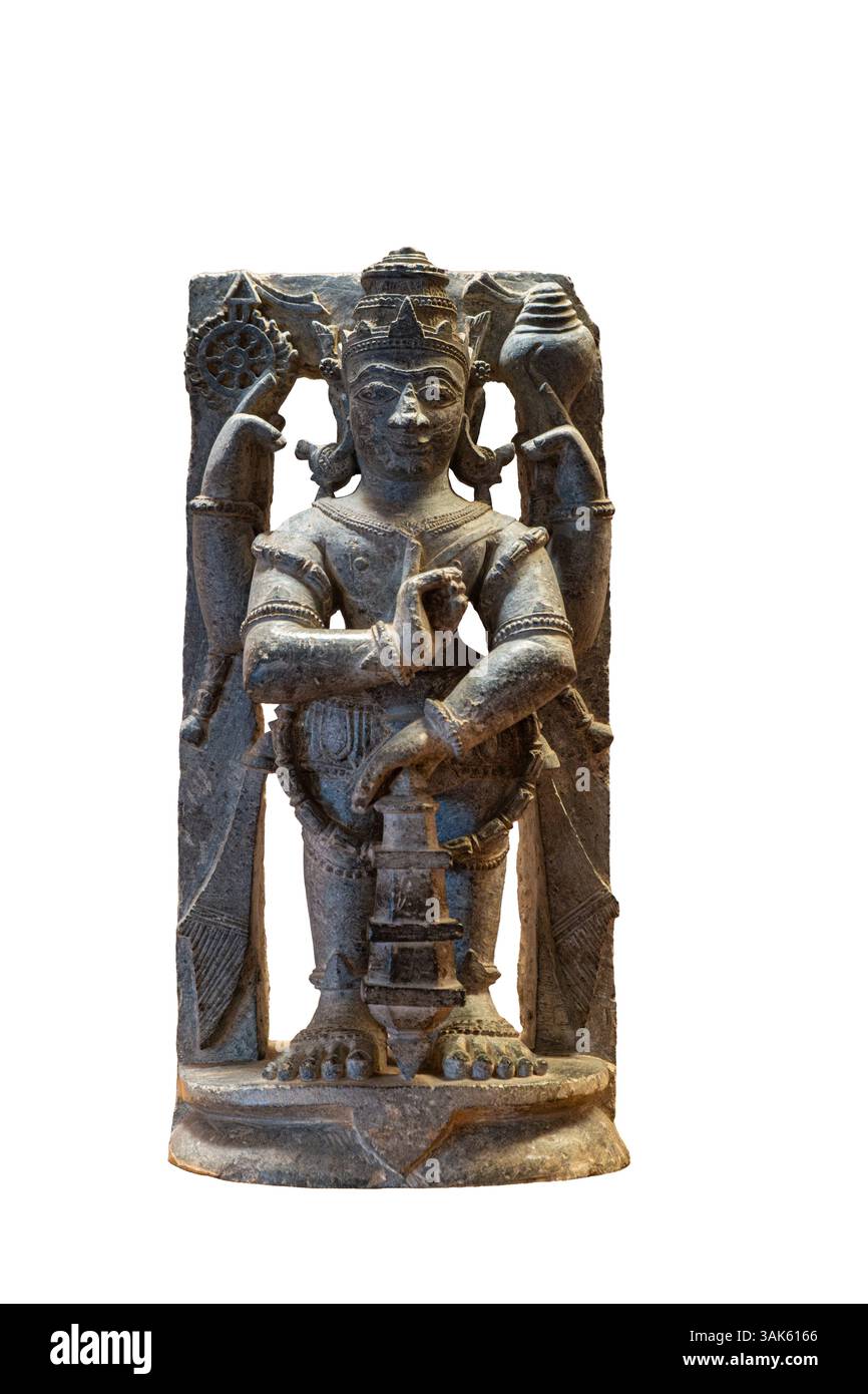 Gardien de Vishnu. Période : IXe siècle après JC. Provenance : Keonjhar. Style : Bhaumakara. Matériau : grès. L'image dvarapala est debout sur un semi Banque D'Images Gardien de Vishnu. Période : IXe siècle après JC. Provenance : Keonjhar. Style : Bhaumakara. Matériau : grès. L'image dvarapala est debout sur un semi Banque D'Images