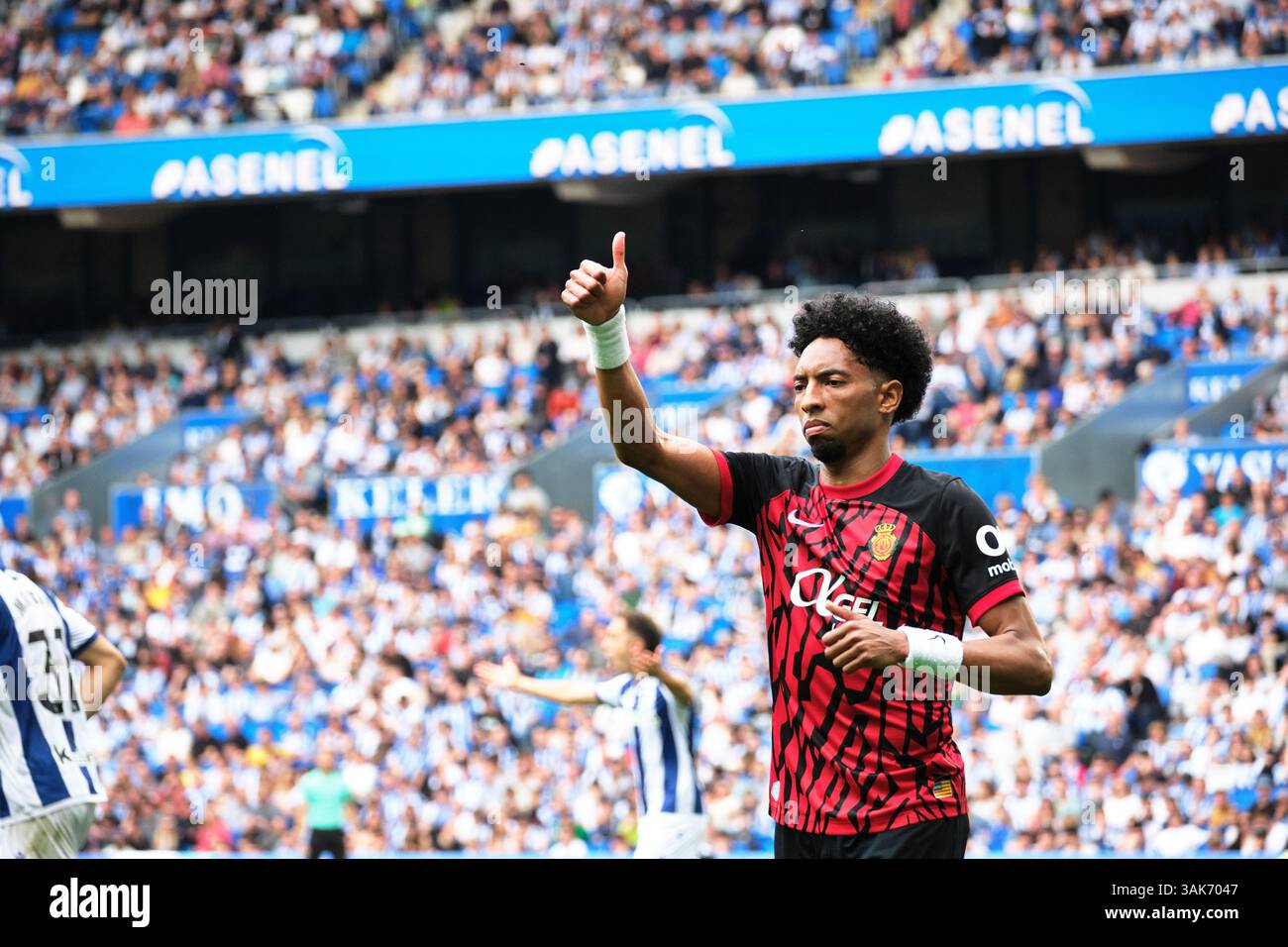 Donostia / San Sebastián, Gipuzkoa, Espagne - 12 avril 2025 : Johan Mojica dans le match Real Sociedad vs RCD Mallorca, qui fait partie des SPORTS LaLiga EA en Espagne , au stade Reale Arena. Crédit : Rubén Gil/Alamy Live News. Banque D'Images