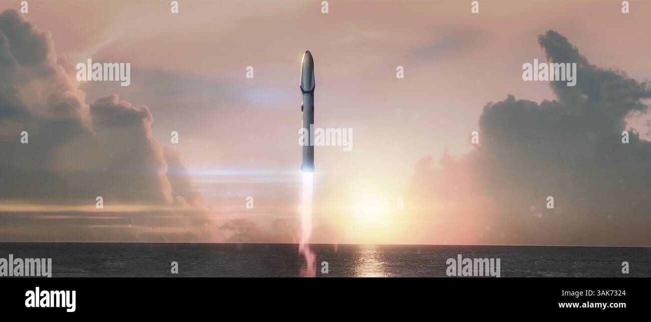 27 septembre 2016 - Hawthorne, CA, États-Unis d'Amérique - illustration conceptuelle d'artistes du système de transport interplanétaire SpaceX qui combinera la fusée la plus puissante jamais construite avec un vaisseau spatial conçu pour transporter au moins 100 personnes vers mars par vol. Les ITS réutilisables aideront l'humanité à établir une colonie permanente et autonome sur la planète rouge dans les 50 à 100 prochaines années. (Crédit image : © SpaceX/NASA via ZUMA Wire) Banque D'Images