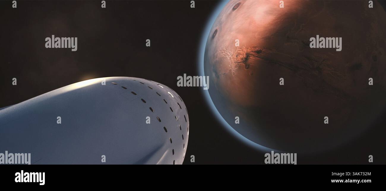 27 septembre 2016 - Hawthorne, CA, États-Unis d'Amérique - illustration conceptuelle d'artistes du système de transport interplanétaire SpaceX qui combinera la fusée la plus puissante jamais construite avec un vaisseau spatial conçu pour transporter au moins 100 personnes vers mars par vol. Les ITS réutilisables aideront l'humanité à établir une colonie permanente et autonome sur la planète rouge dans les 50 à 100 prochaines années. (Crédit image : © SpaceX/NASA via ZUMA Wire) Banque D'Images
