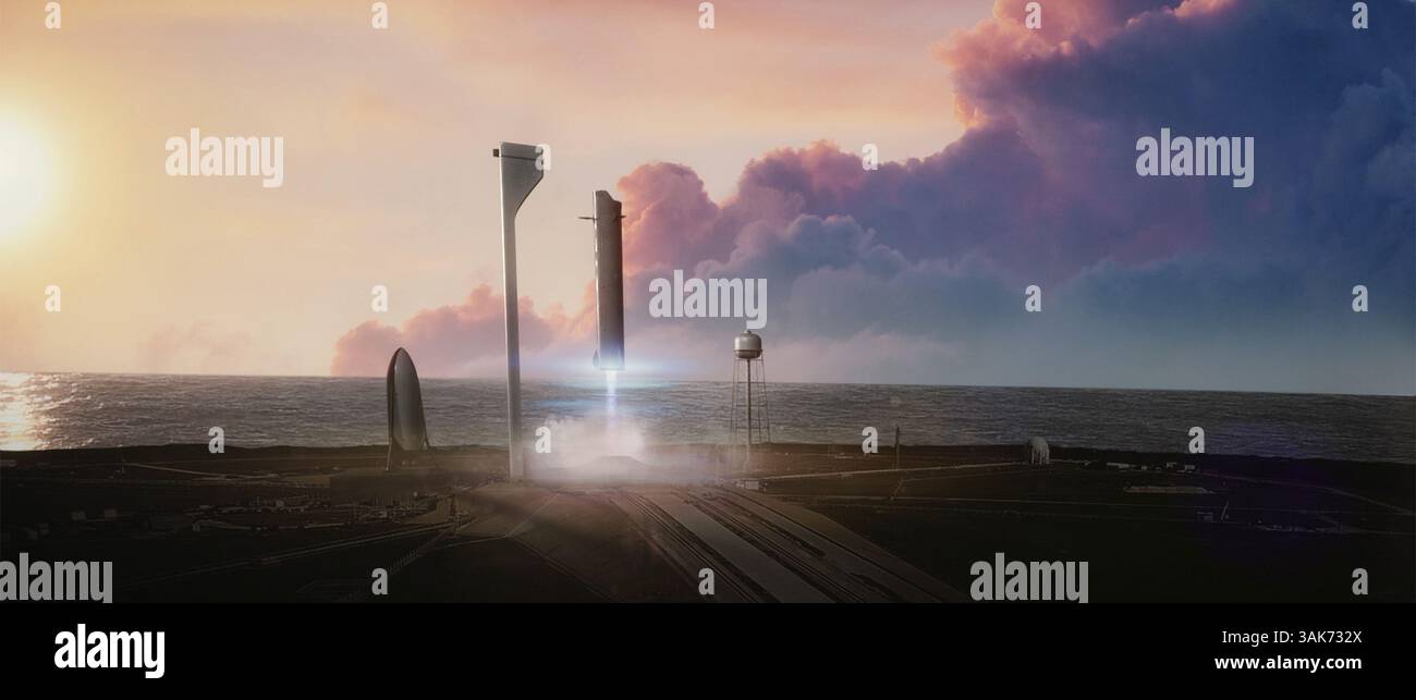 27 septembre 2016 - Hawthorne, CA, États-Unis d'Amérique - illustration conceptuelle d'artistes du lanceur SpaceX Interplanétaire transport System au départ du Kennedy Space Center, avec un pétrolier ITS debout (à gauche) pour un lancement rapide. Les ITS réutilisables aideront l'humanité à établir une colonie permanente et autonome sur la planète rouge dans les 50 à 100 prochaines années. (Crédit image : © SpaceX/NASA via ZUMA Wire) Banque D'Images