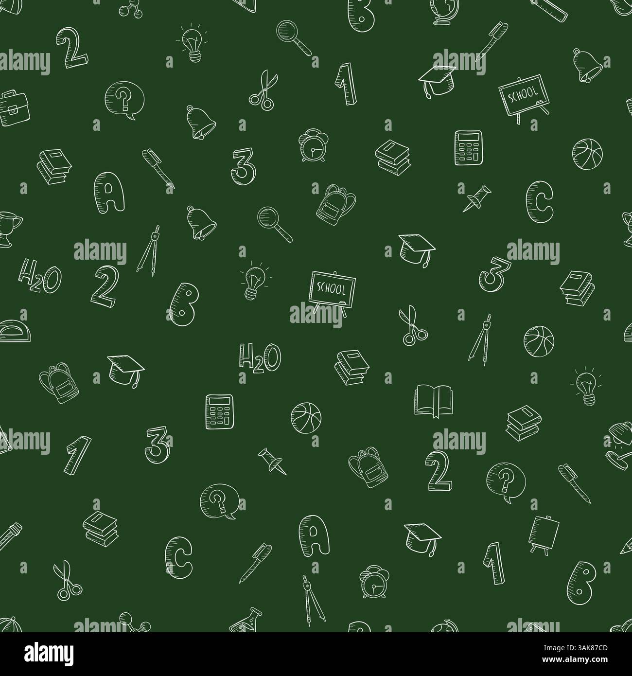 Modèle sans couture sur le tableau vert de l'école dans les numéros d'icônes d'école de style doodle, ampoule, cloche, réveil, mallette, stylo, allergie Illustration de Vecteur