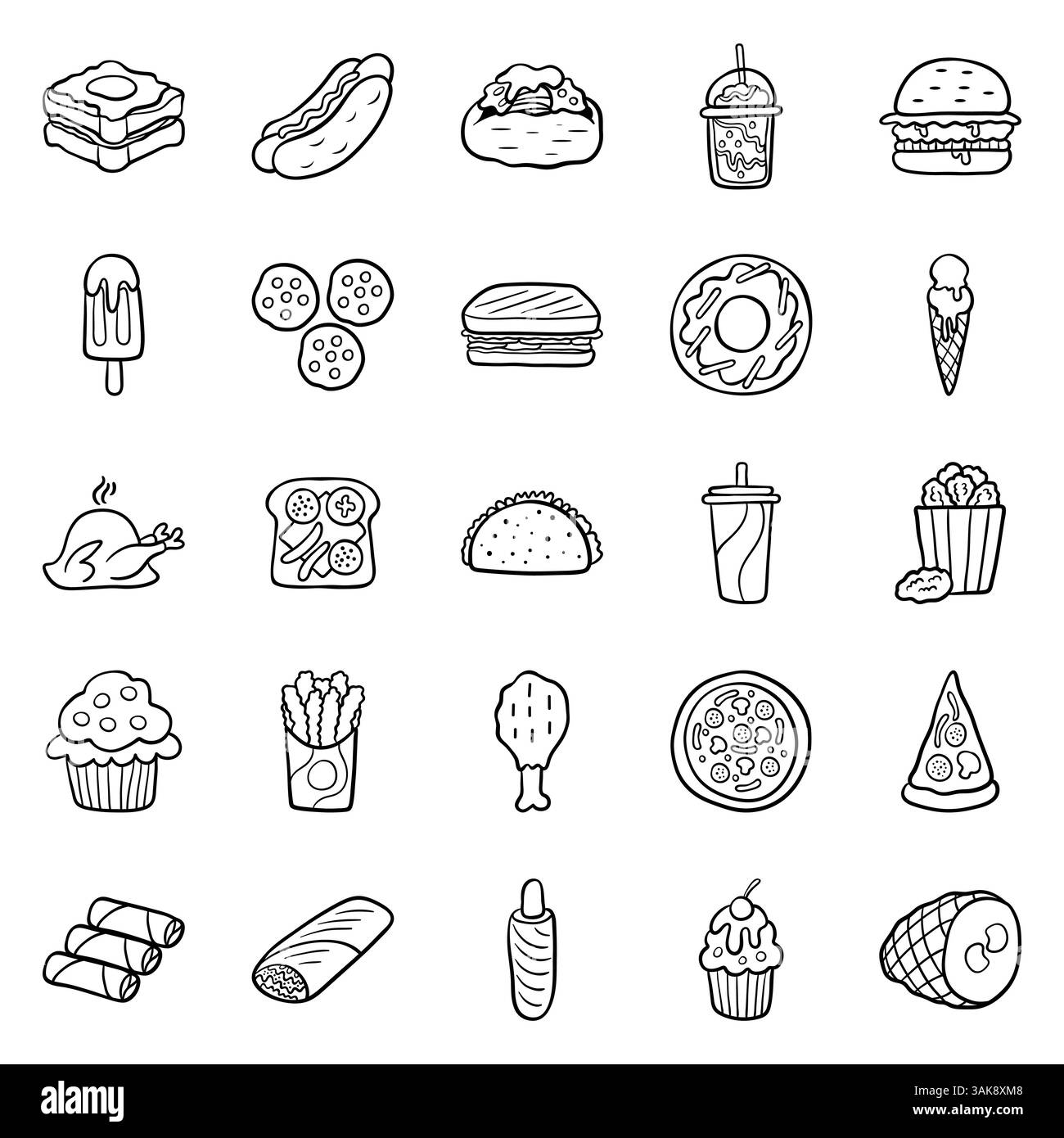 Un grand ensemble d'icônes vectorielles de restauration rapide dans un contour de style plat, qui représente hot dog, saucisse, pizza, hamburger, grill de poulet Illustration de Vecteur