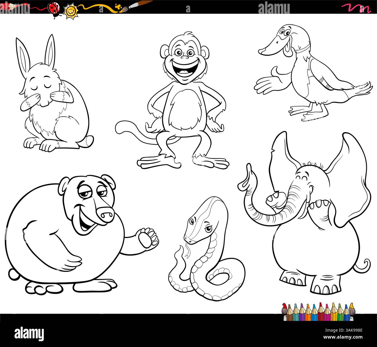 Illustration de dessin animé de drôles de mammifères sauvages personnages d'animaux comiques définir la page de coloriage Illustration de Vecteur