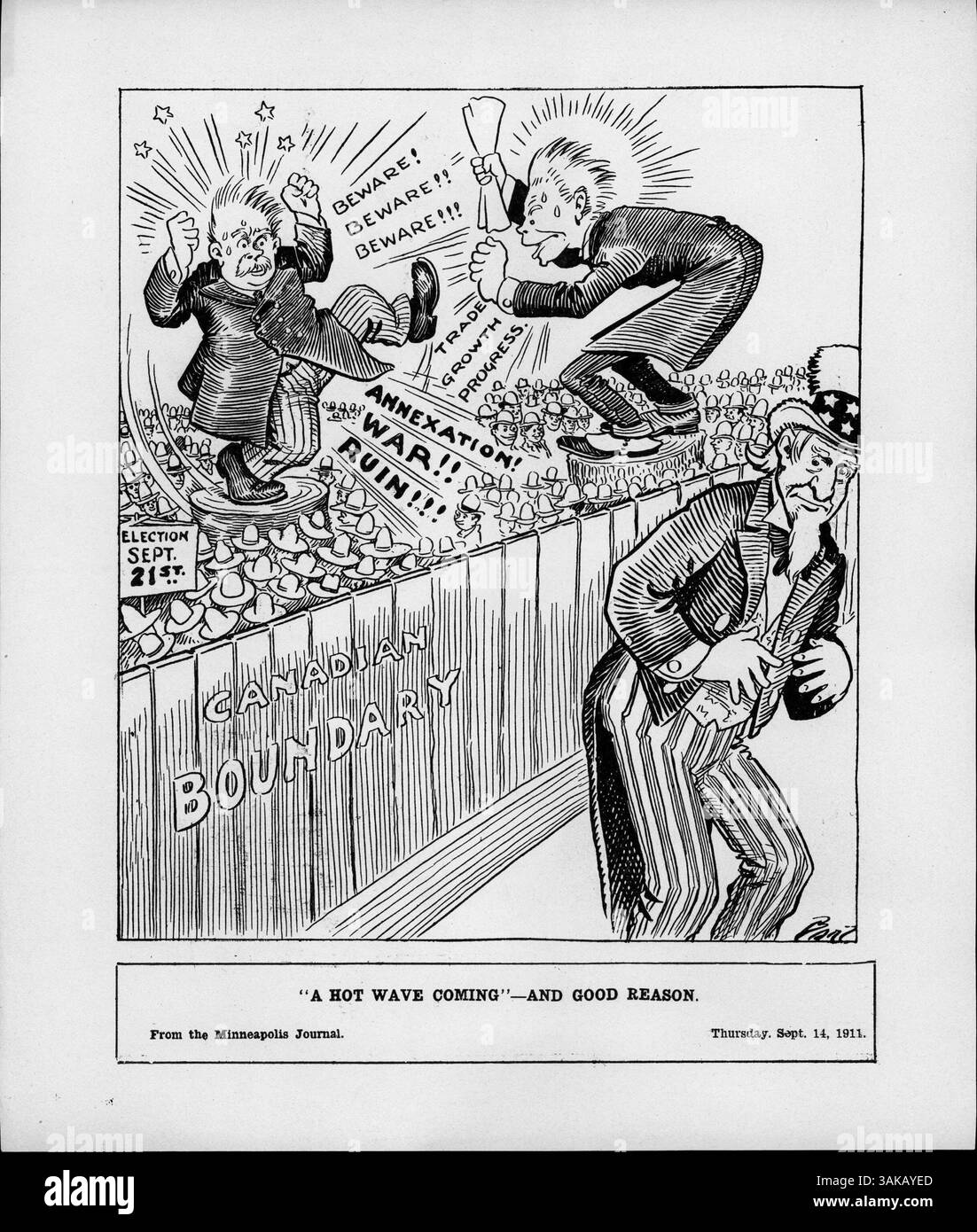 Cette illustration, intitulée « A Hot Wave Coming », représente l'oncle Sam à la frontière canadienne, observant deux politiciens faire des discours très contrastés sur l'annexion et la croissance du commerce. La scène évoque les tensions politiques au Canada durant l'élection fédérale de 1911, en mettant l'accent sur la rivalité entre sir Wilfrid Laurier et Robert Borden. Banque D'Images
