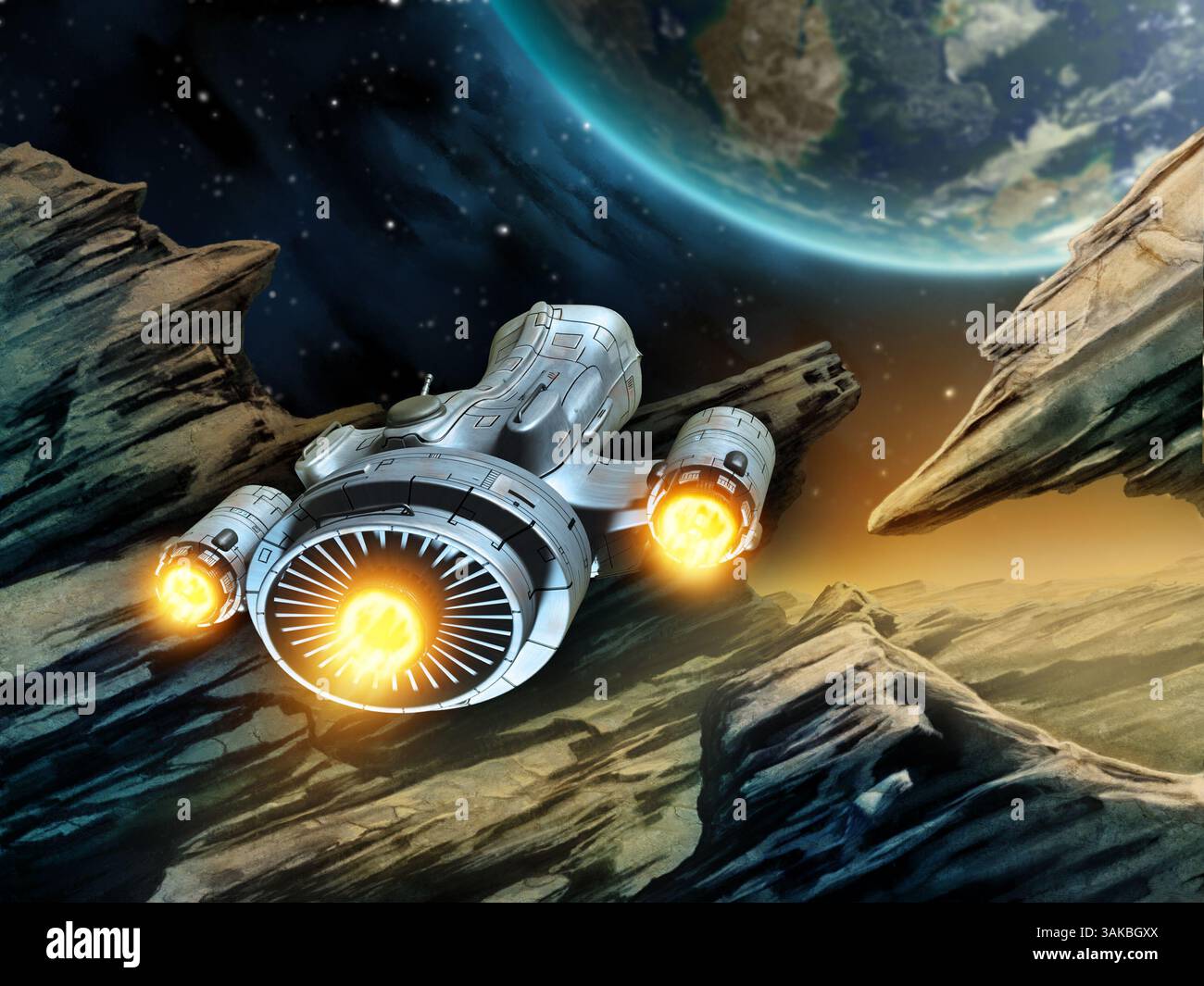 Vaisseau spatial futuriste voyageant au-dessus d'une planète extraterrestre rocheuse. Illustration numérique. Banque D'Images