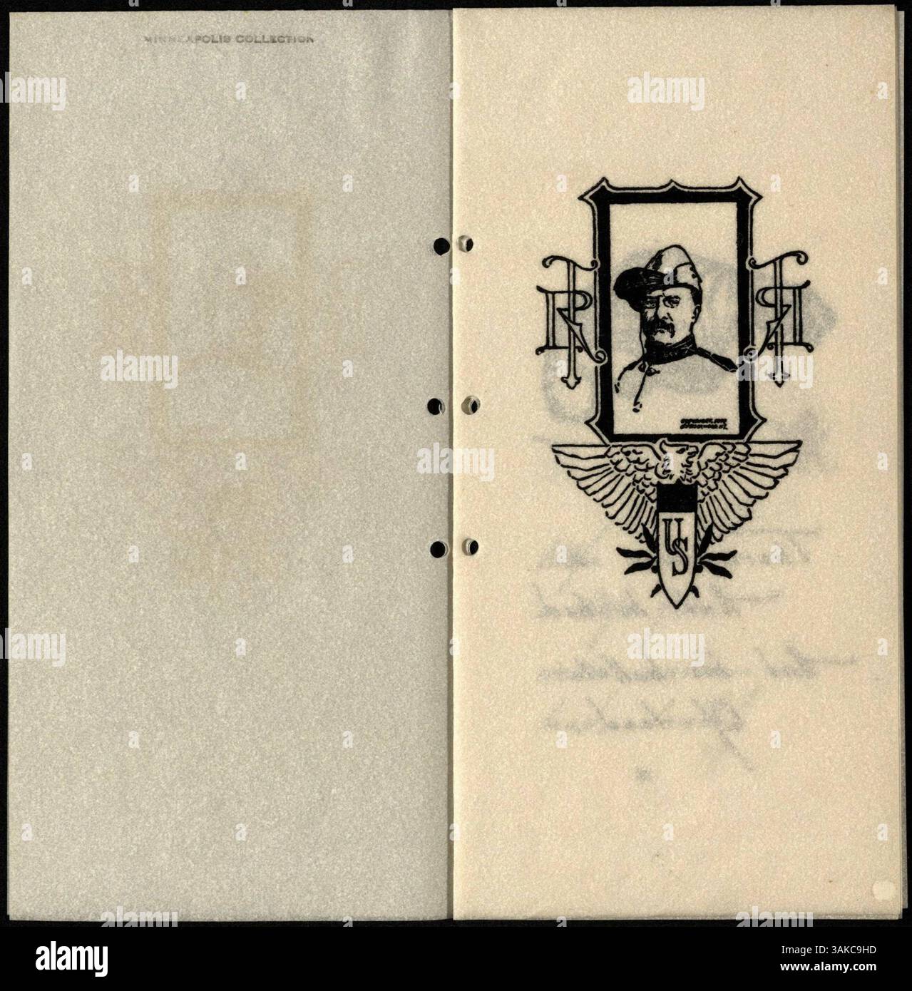 Conçu par Mary Moulton Cheney, ce livret coloré à la main de 8 pages commémore la visite du vice-président Theodore Roosevelt à Minneapolis en 1901. Il célèbre son ouverture de la foire de l’État du Minnesota et son discours avant de devenir président après l’assassinat de McKinley. Banque D'Images