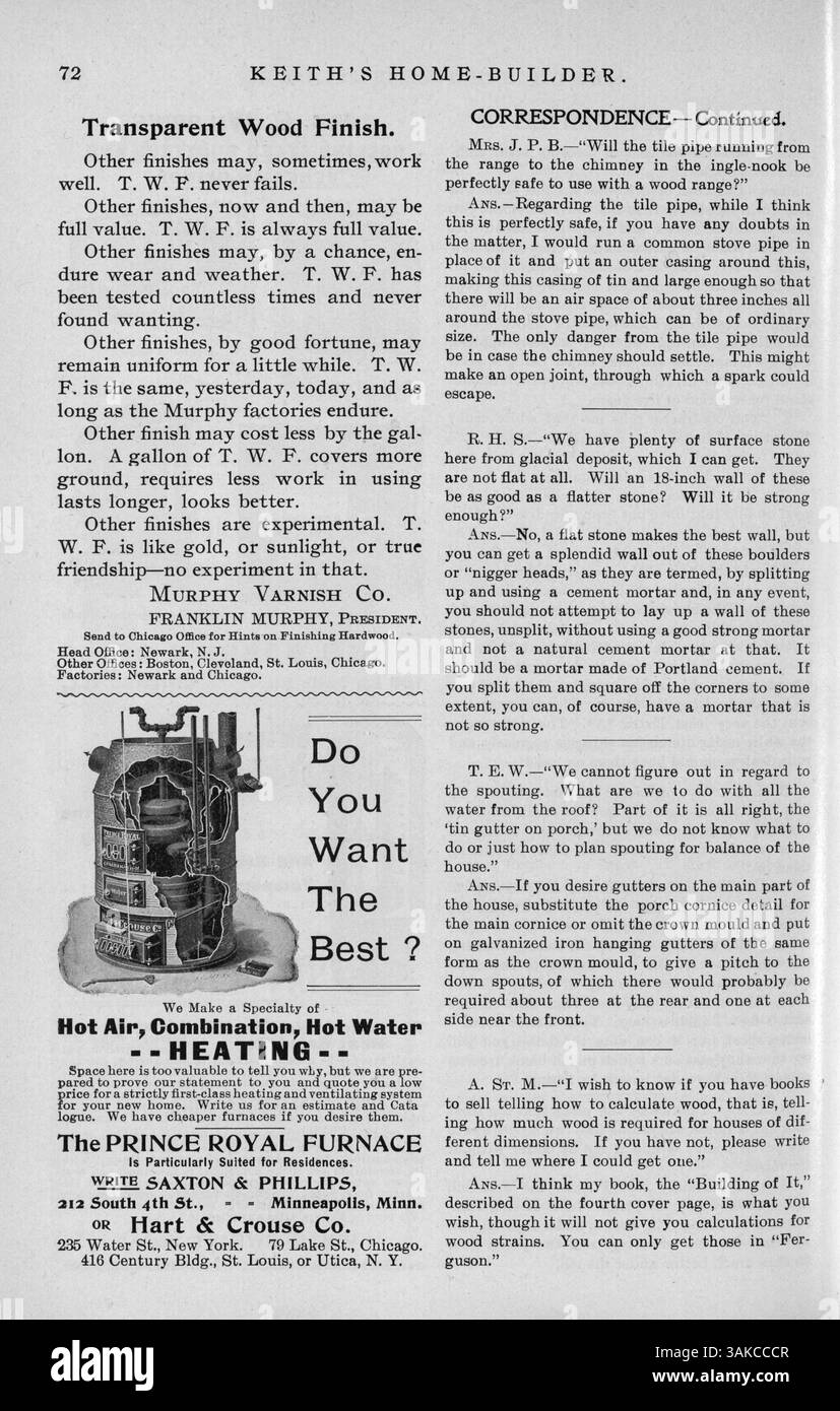 Keith's Home-Builder, publié pour la première fois en 1900 par l'architecte Walter J. Keith, comprend des numéros mensuels sur la conception des maisons, les plans d'étage et les coûts de construction. Il propose des descriptions détaillées des styles de maison, des articles de décoration intérieure et des idées de conception de paysage. Les publicités dans le magazine font la promotion de l'ameublement, des matériaux de construction et des services de construction. Certaines questions portent également sur des plans de construction d'églises, d'écoles et d'autres structures. Banque D'Images