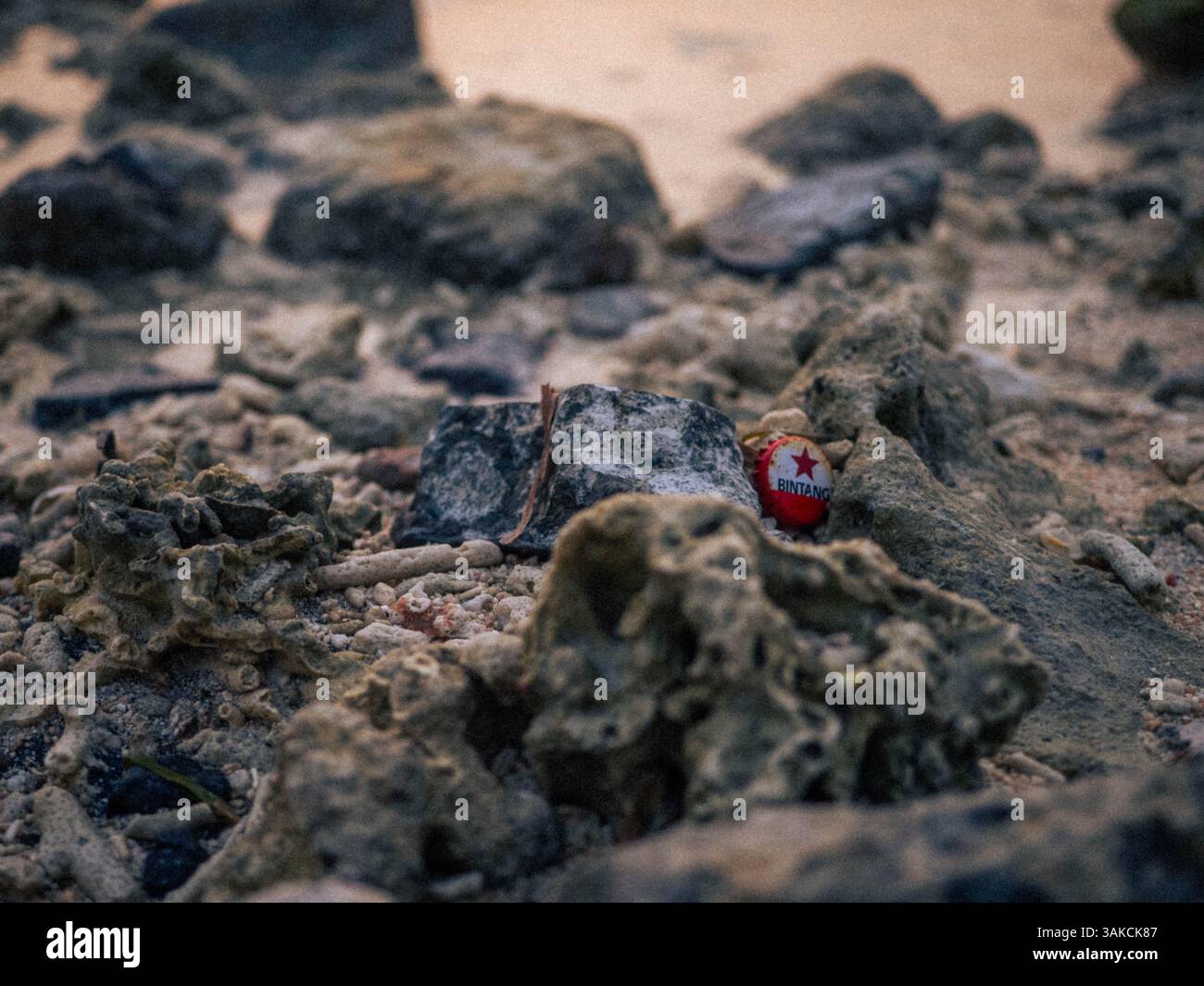 Gros plan détaillé d'une scène de plage rocheuse où un bouchon de bouteille de bière rouge vieilli se trouve parmi les cailloux et les pierres. La couleur vibrante de la casquette se distingue ag Banque D'Images