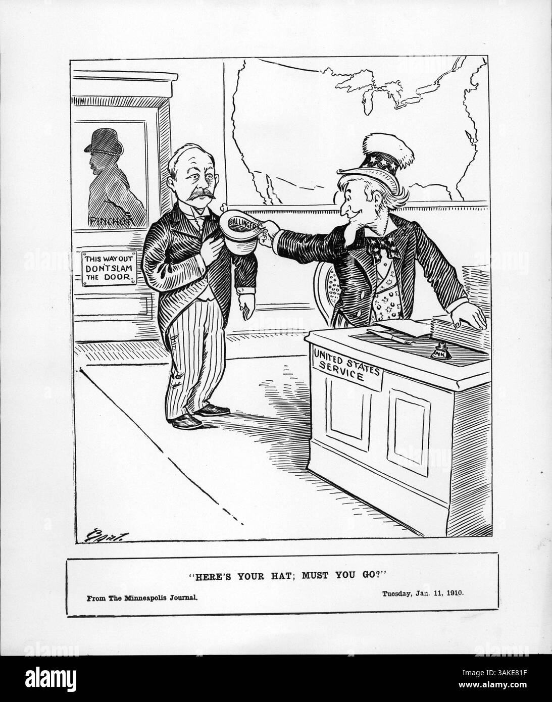 Ce dessin politique représente le point culminant de la controverse Pinchot-Ballinger, montrant oncle Sam en train de remettre un chapeau à Ballinger tandis que Pinchot est vu en arrière-plan. La controverse se concentre sur le licenciement de Gifford Pinchot et ses critiques de la politique de Taft. Banque D'Images