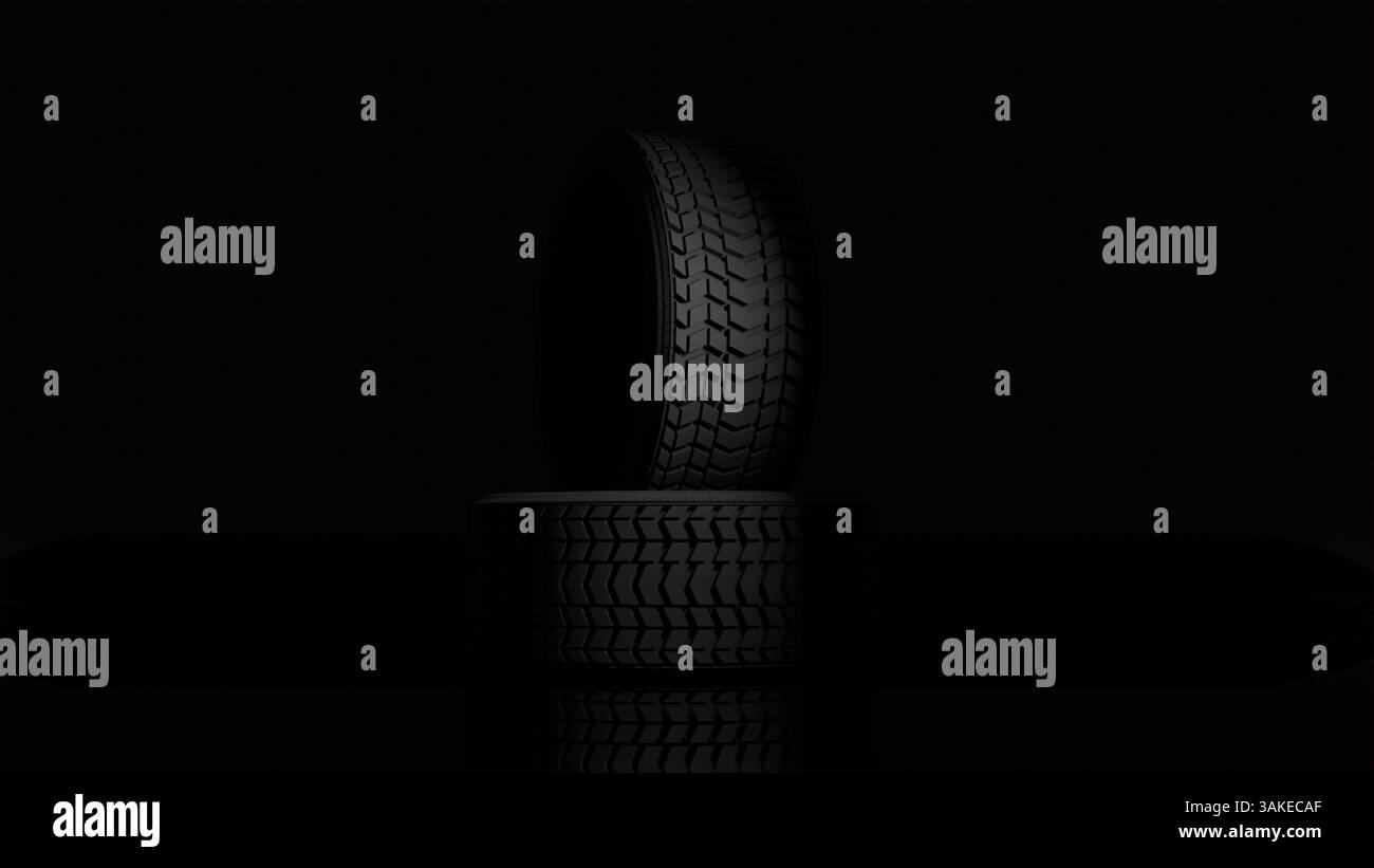 Modèle 3D de deux pneus de voiture sur un fond noir, pneus Banque D'Images