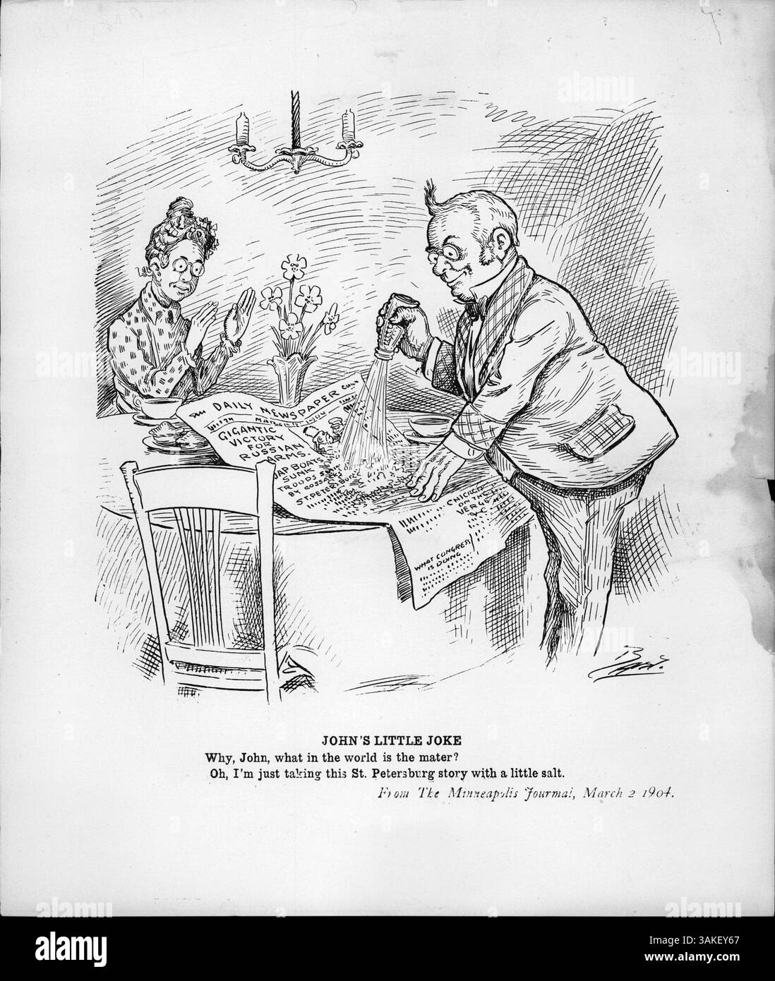 Cette image montre un moment humoristique où un homme verse du sel sur un article de journal sur la victoire supposée de la Russie sur le Japon, avec sa femme commentant ses actions. La légende fait référence avec humour au « sel » ajouté à l'histoire, soulignant la nature exagérée des affirmations de la Russie sur un succès militaire significatif, qui se sont avérées fausses par la suite. Banque D'Images