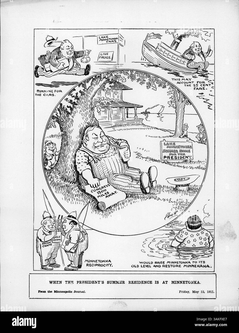 Un dessin humoristique de l’édition du 11 mai du *New York Times* imagine la résidence d’été du président à Wayseata, MN, offrant une vision fantaisiste de la façon dont une retraite d’été sur le lac Minnetonka pourrait ressembler avec des problèmes locaux et nationaux mélangés. Banque D'Images Un dessin humoristique de l’édition du 11 mai du *New York Times* imagine la résidence d’été du président à Wayseata, MN, offrant une vision fantaisiste de la façon dont une retraite d’été sur le lac Minnetonka pourrait ressembler avec des problèmes locaux et nationaux mélangés. Banque D'Images