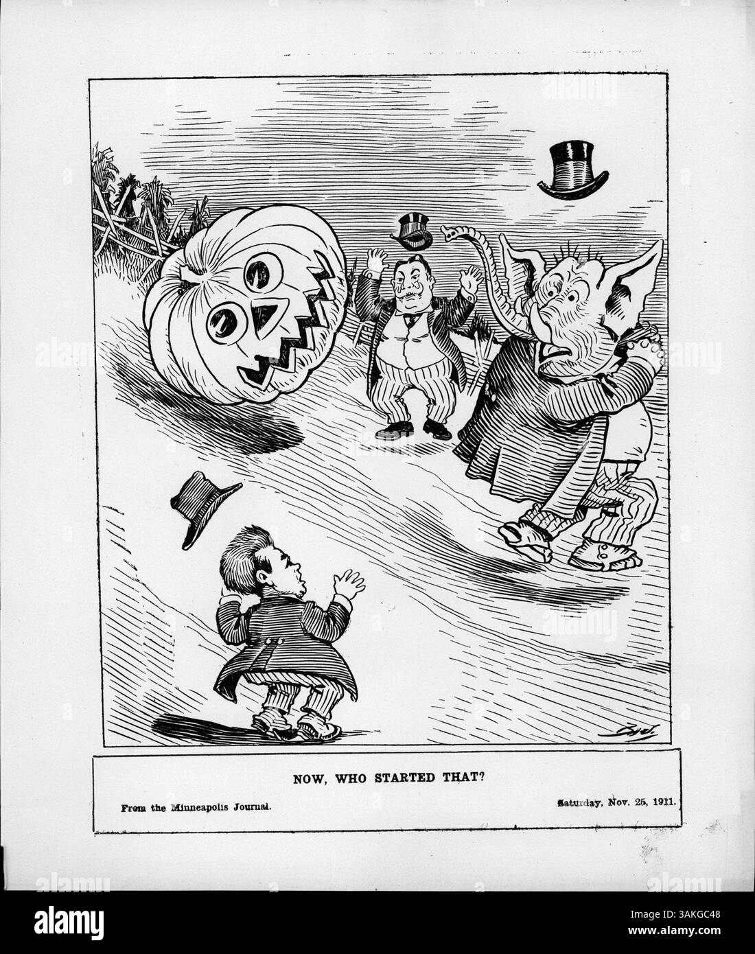 L'image représente avec humour le président Taft et l'éléphant républicain pourchassé en bas d'une colline par une citrouille sculptée, symbolisant la satire politique. Banque D'Images