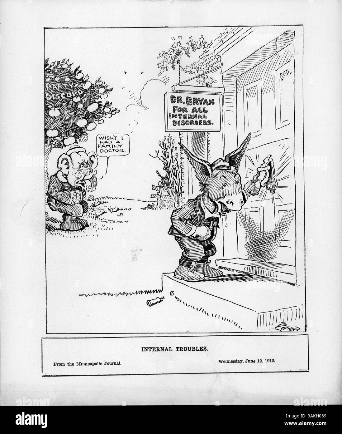Cette caricature politique intitulée « troubles internes » montre l'âne démocrate tenant son estomac et frappant à une porte étiquetée « Dr Bryan pour tous les troubles internes », tandis que l'éléphant républicain se tient à proximité, souhaitant un médecin. L'image reflète la discorde politique. Banque D'Images