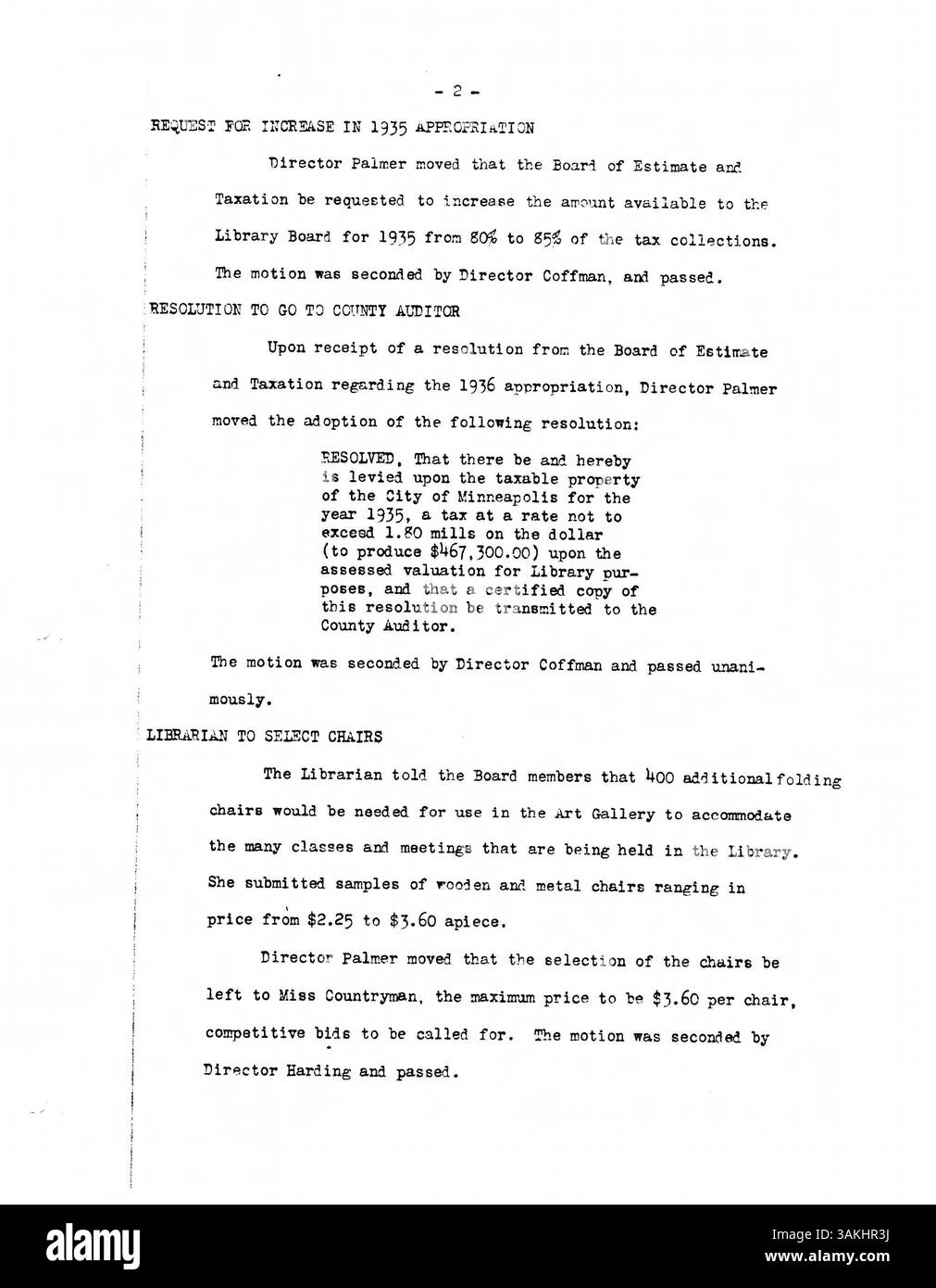 Le procès-verbal de la réunion de 1935 pour le conseil d'administration de la Bibliothèque publique de Minneapolis se concentre sur les questions clés touchant les services de bibliothèque et la communauté pendant la Grande dépression. Banque D'Images